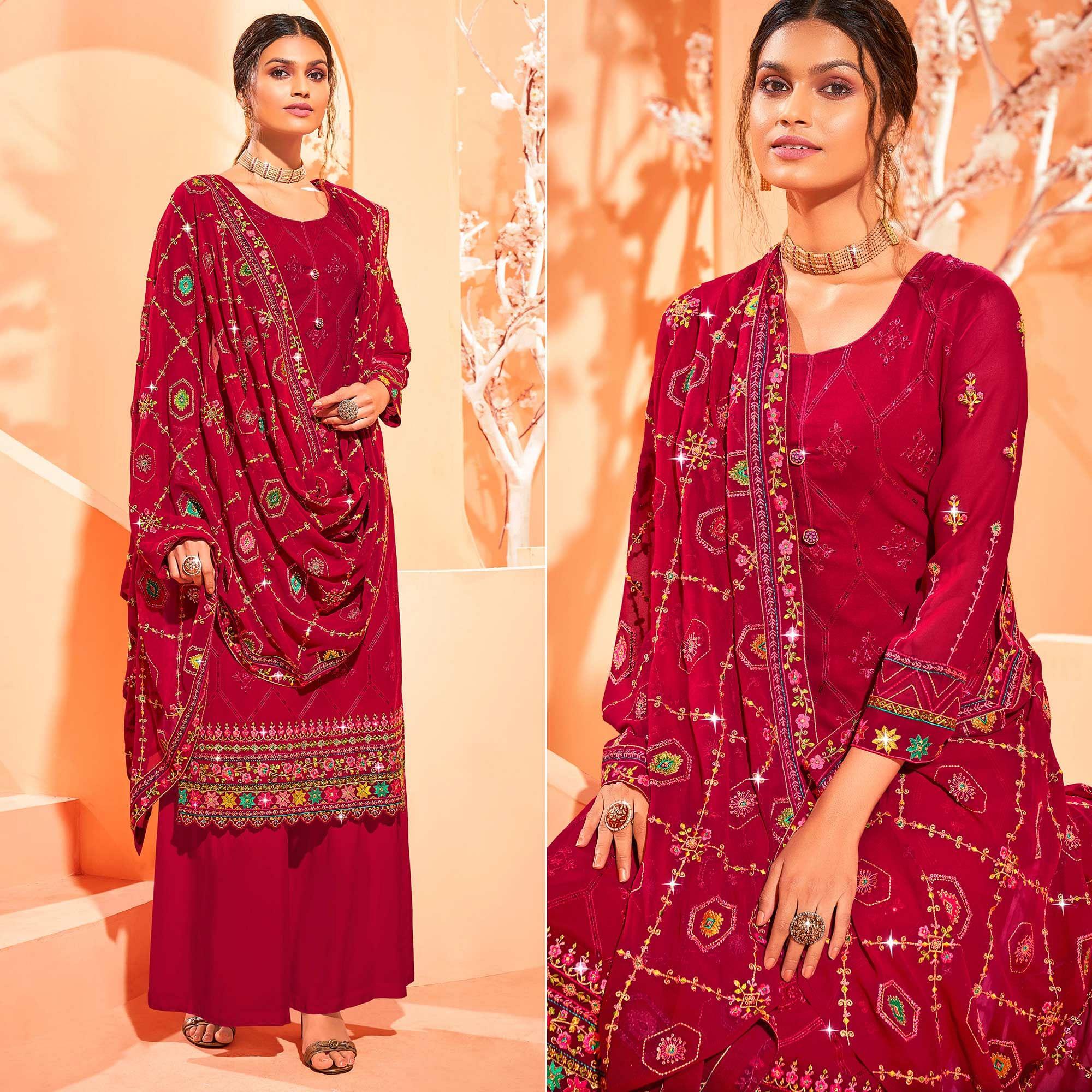 Rose Pink Partywear Embellished With Embroidered Georgette Palazzo Suit - Peachmode