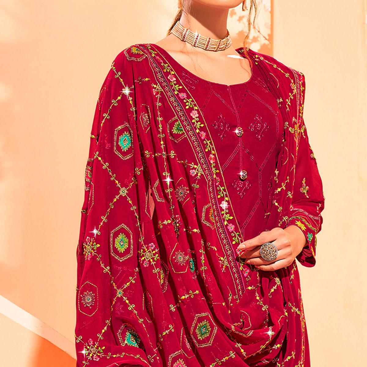 Rose Pink Partywear Embellished With Embroidered Georgette Palazzo Suit - Peachmode