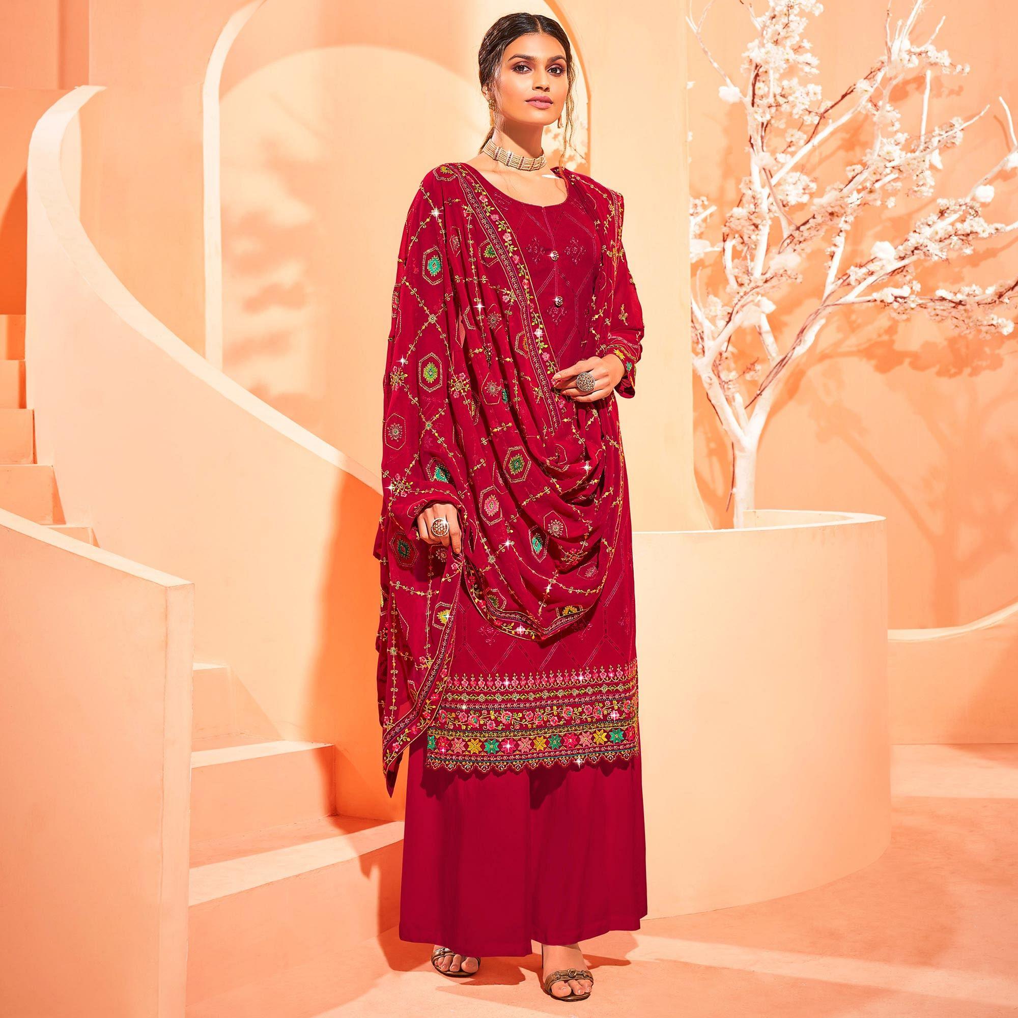 Rose Pink Partywear Embellished With Embroidered Georgette Palazzo Suit - Peachmode