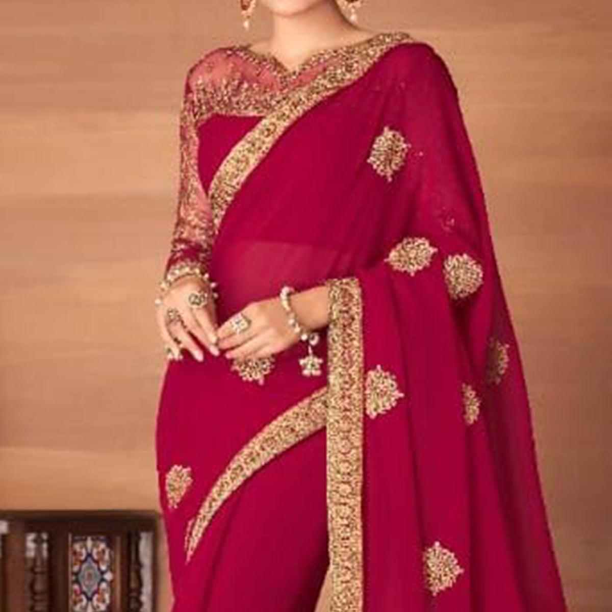 Rose Pink Partywear Embroidered Georgette Saree - Peachmode