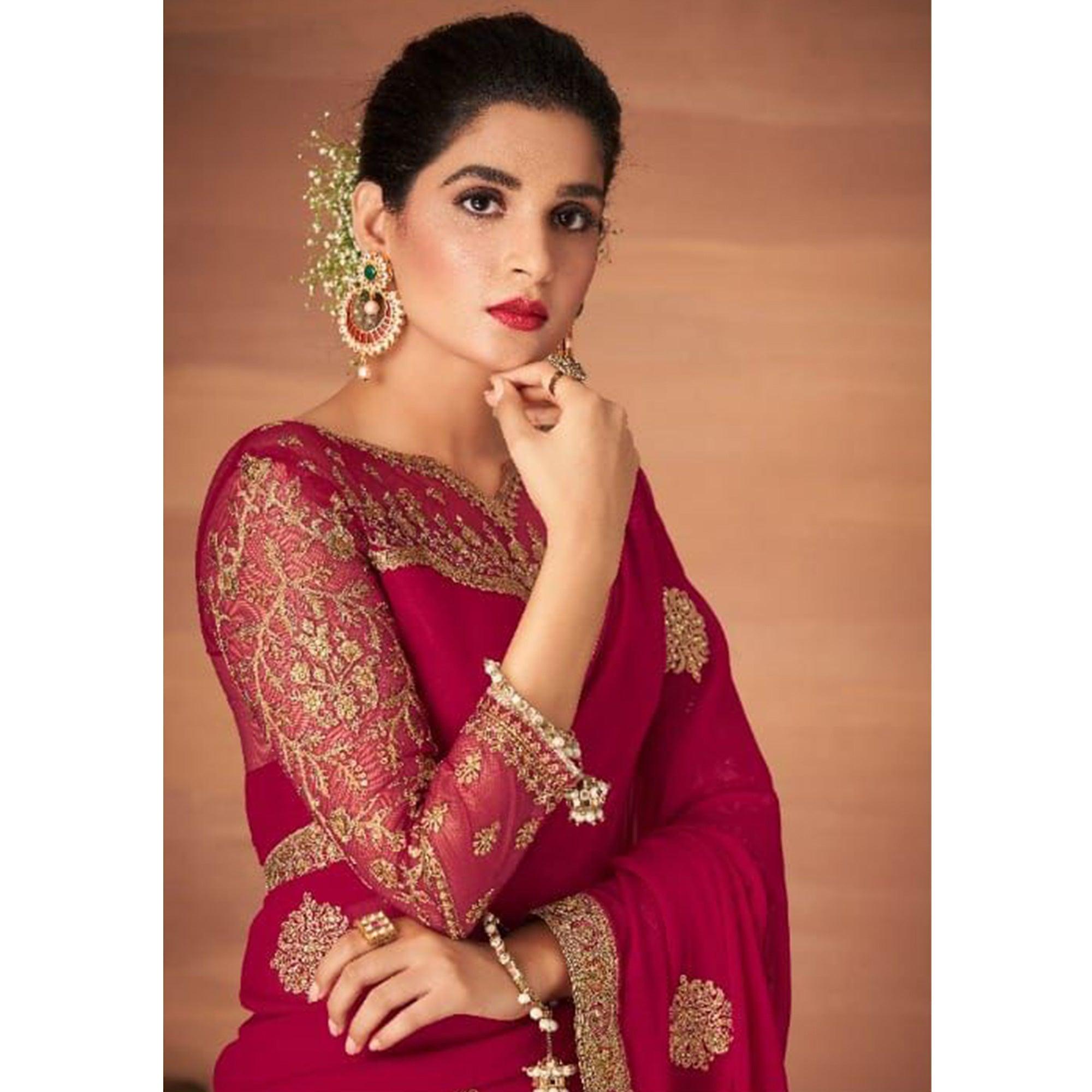 Rose Pink Partywear Embroidered Georgette Saree - Peachmode