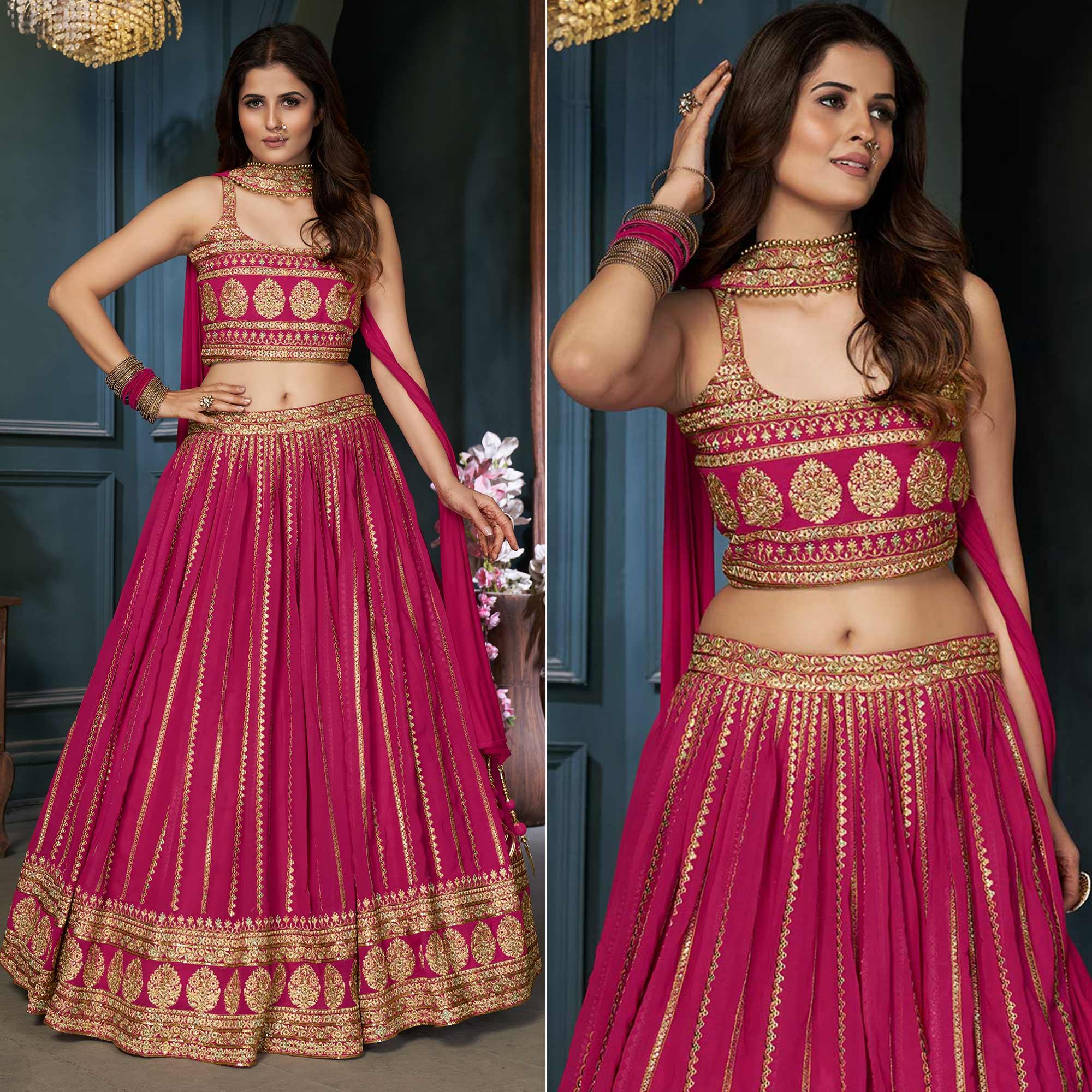Rose Pink Partywear Zari Resham Sequence Georgette Lehenga Choli - Peachmode