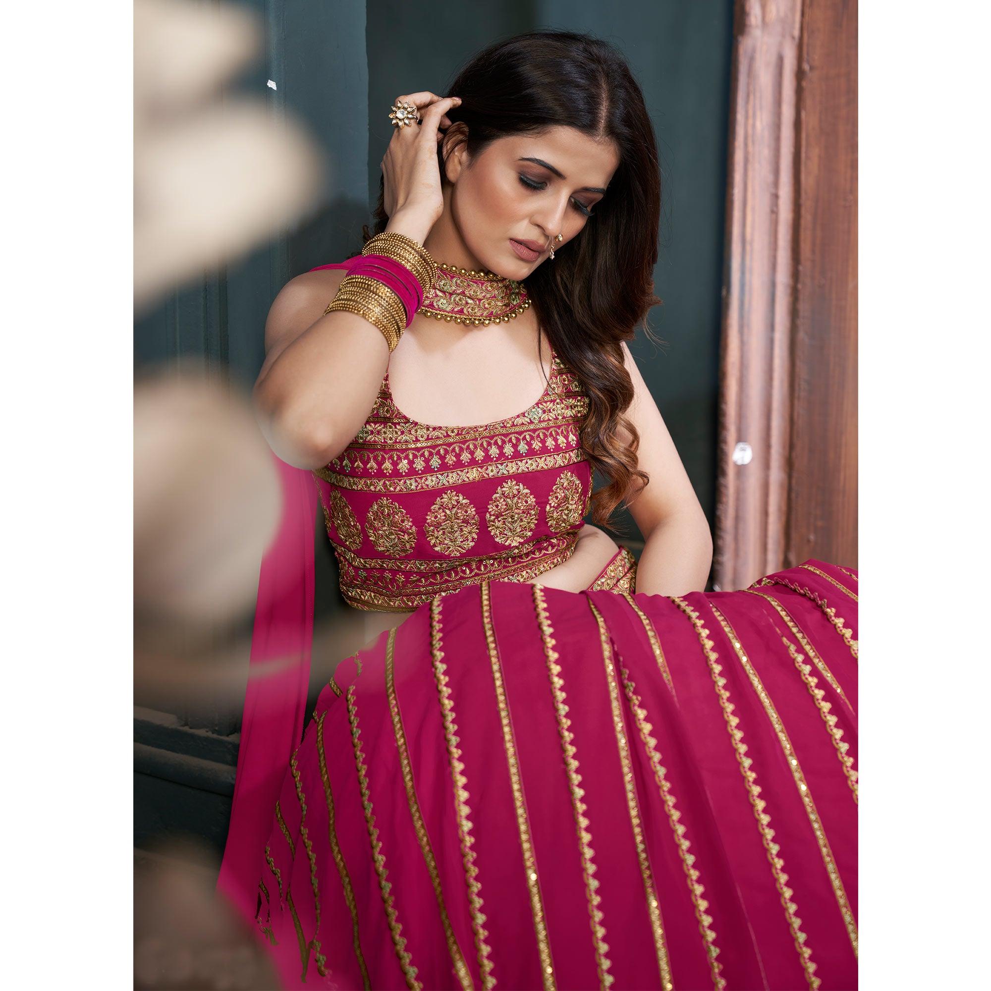 Rose Pink Partywear Zari Resham Sequence Georgette Lehenga Choli - Peachmode