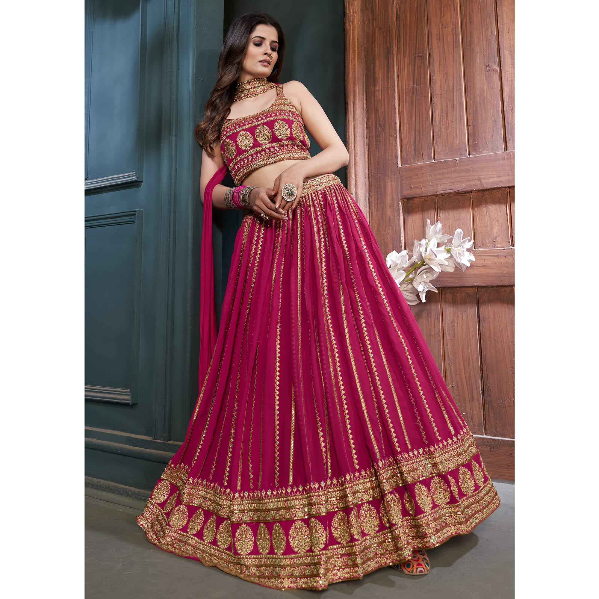 Rose Pink Partywear Zari Resham Sequence Georgette Lehenga Choli - Peachmode