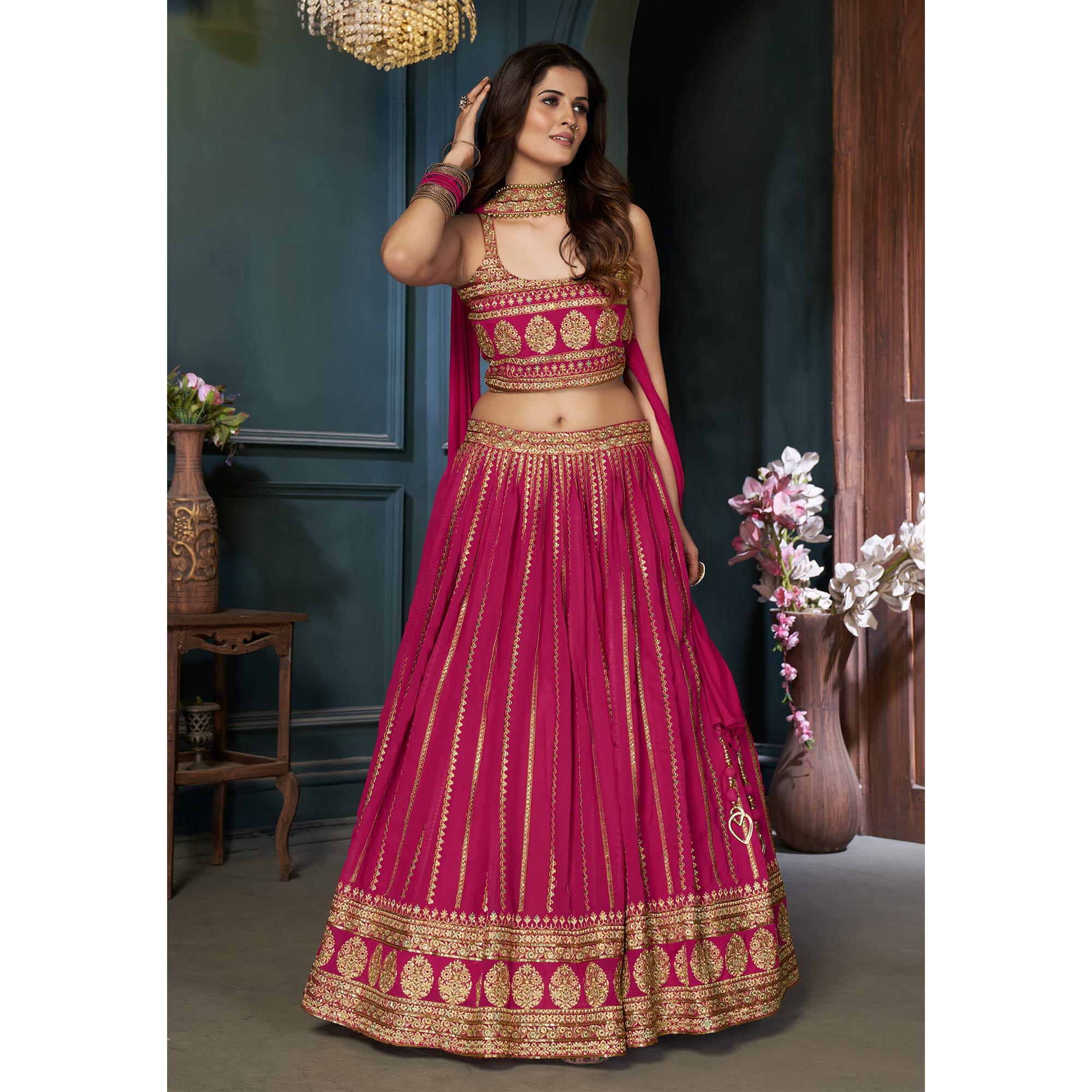 Rose Pink Partywear Zari Resham Sequence Georgette Lehenga Choli - Peachmode