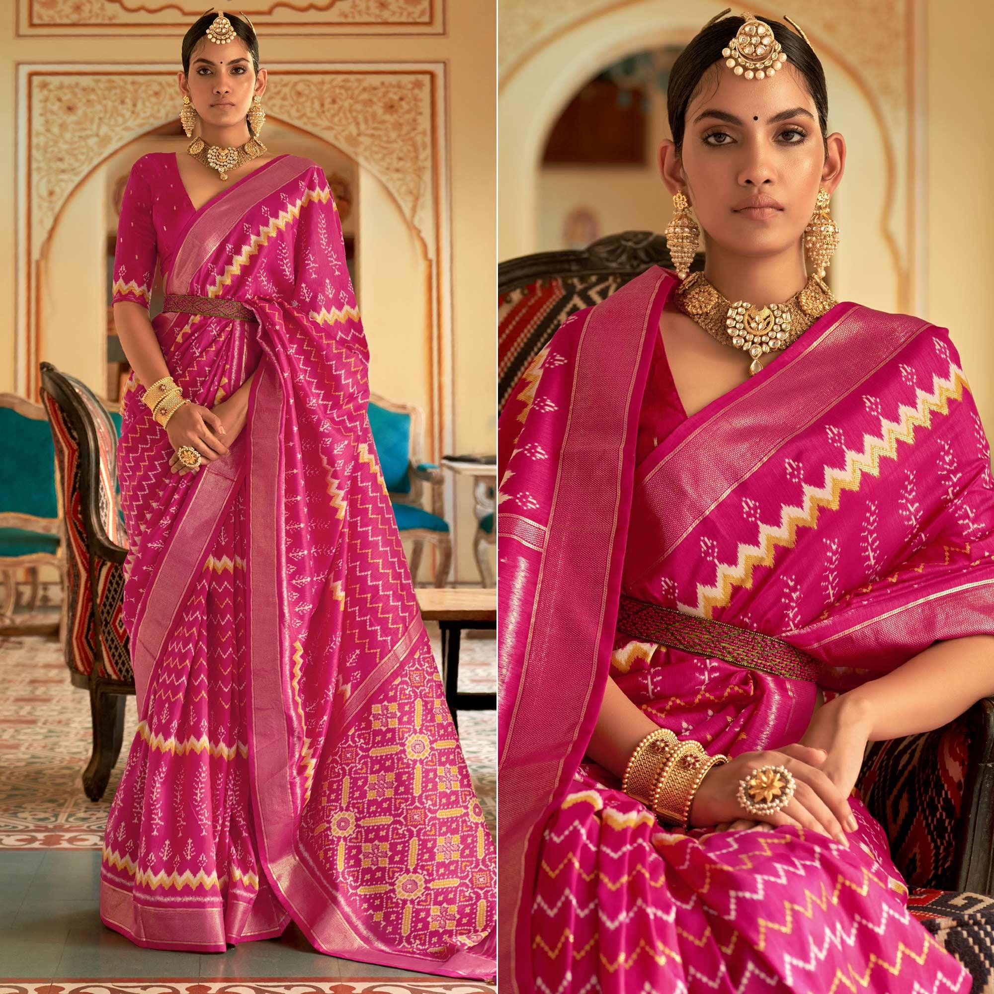 Rose Pink Patola Printed Art Silk Saree - Peachmode