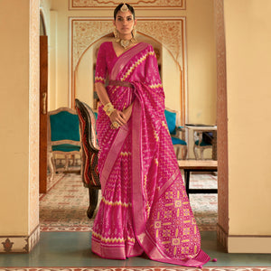 Rose Pink Patola Printed Art Silk Saree - Peachmode