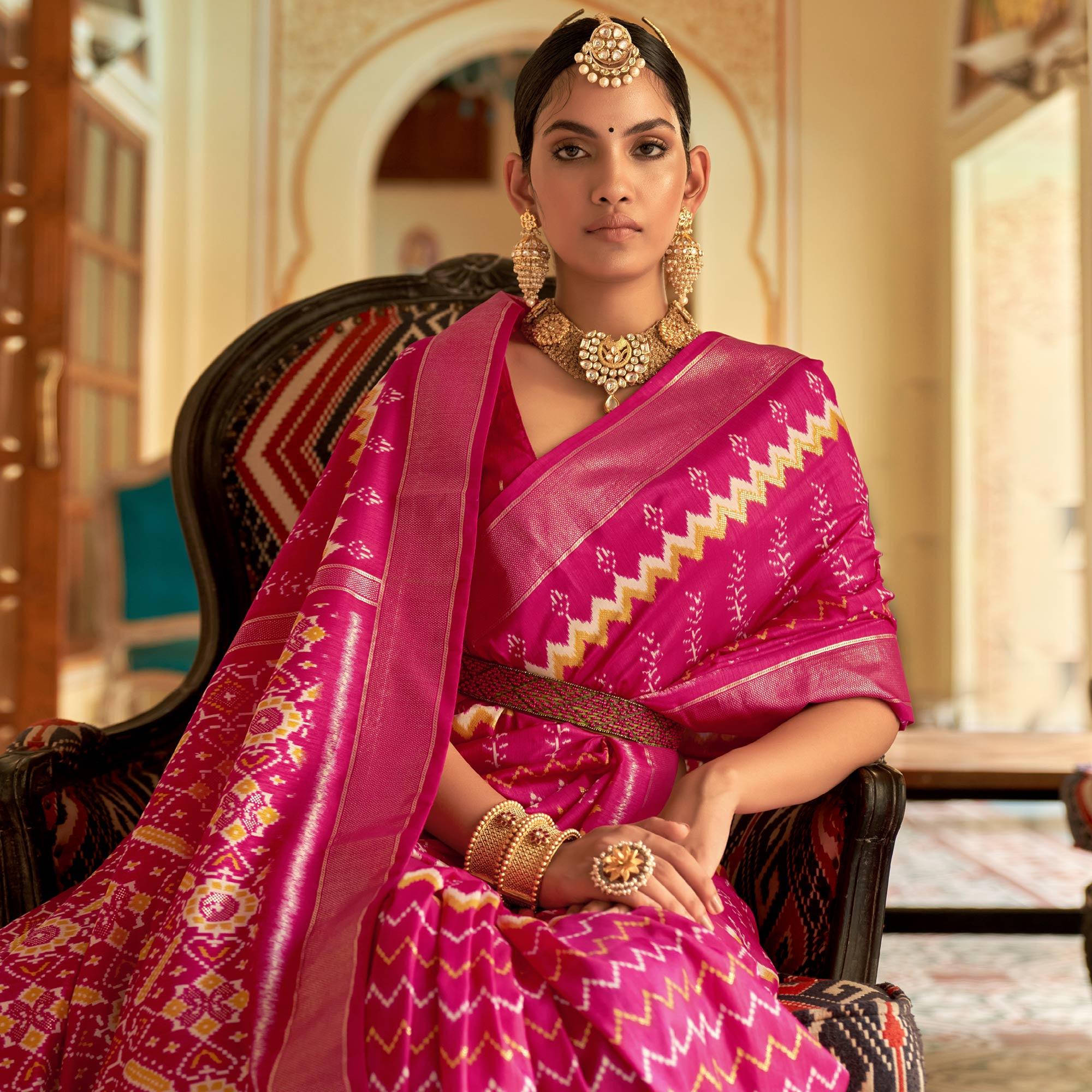 Rose Pink Patola Printed Art Silk Saree - Peachmode