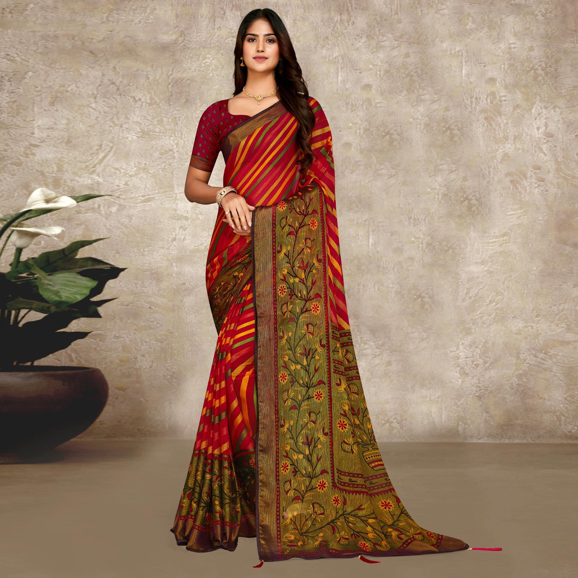 Rose Pink Printed Brasso Saree With Tassels - Peachmode