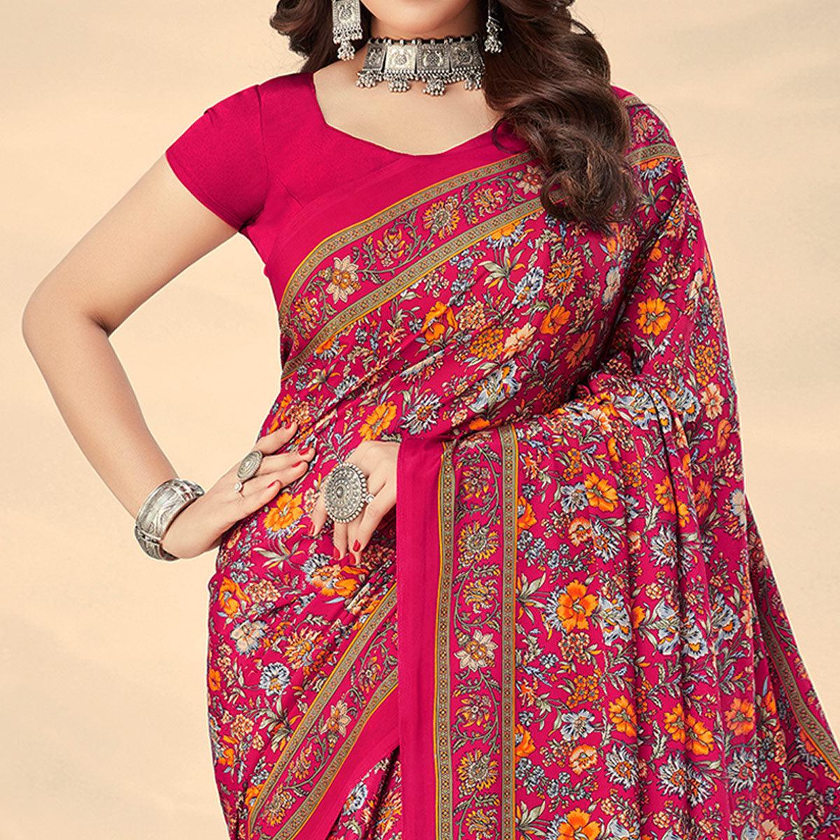 Rose Pink Printed Crepe Saree - Peachmode
