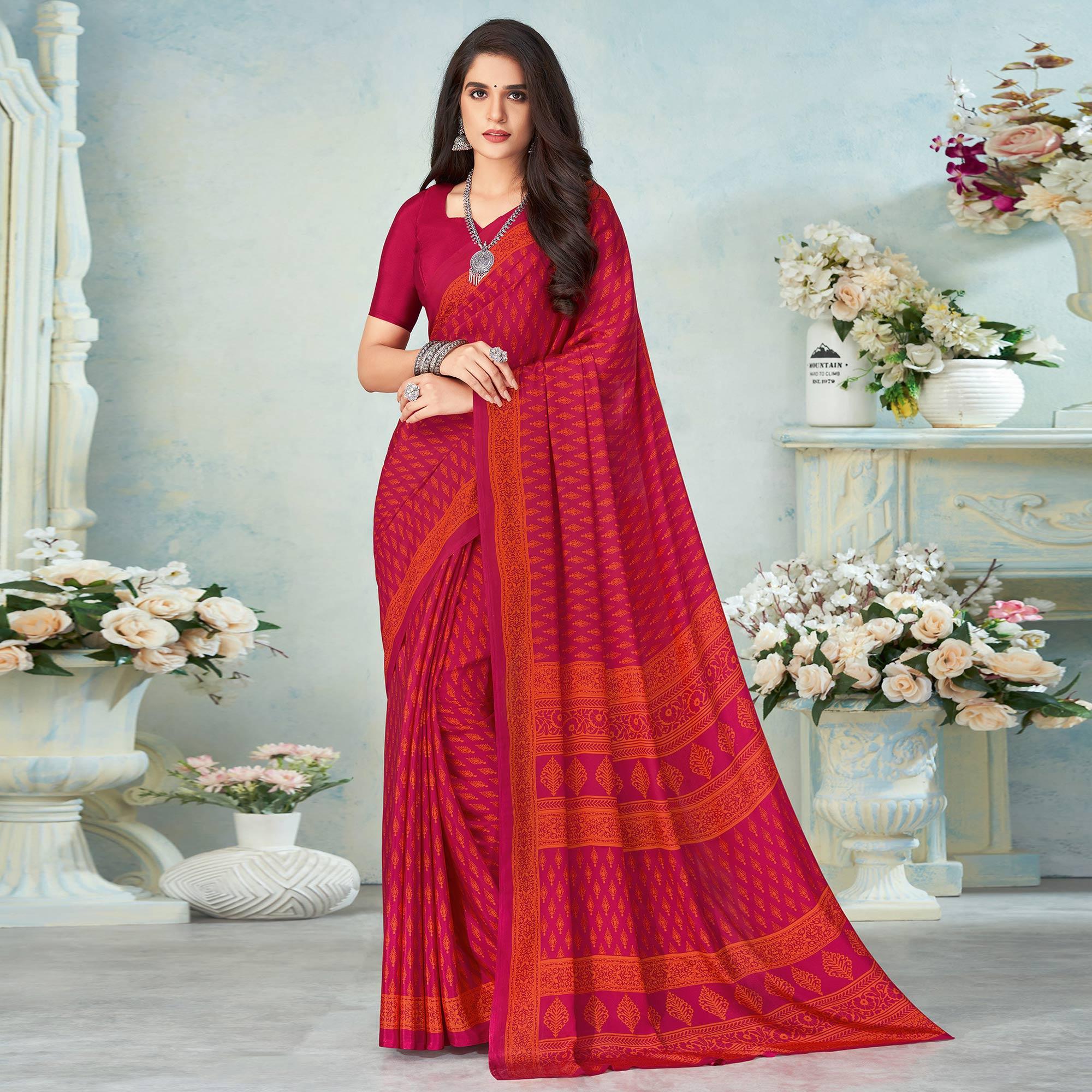 Rose Pink Printed Raw Silk Saree - Peachmode
