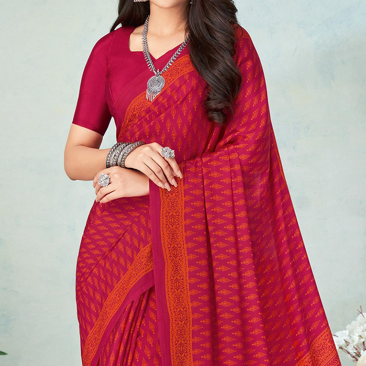 Rose Pink Printed Raw Silk Saree - Peachmode