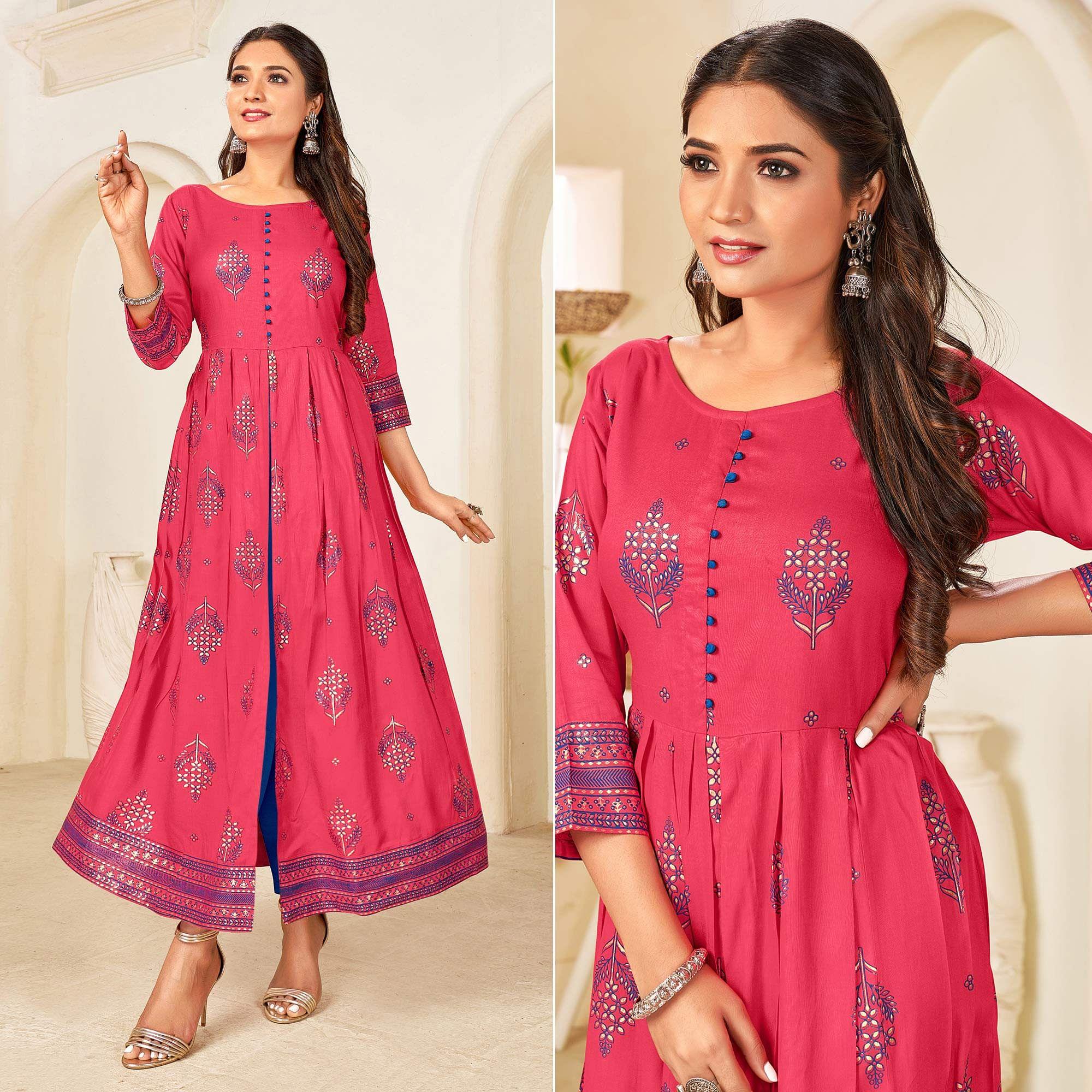 Rose Pink Printed Rayon Anarkali Kurti - Peachmode