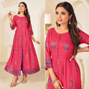 Rose Pink Printed Rayon Anarkali Kurti - Peachmode