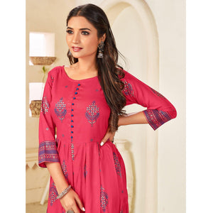 Rose Pink Printed Rayon Anarkali Kurti - Peachmode