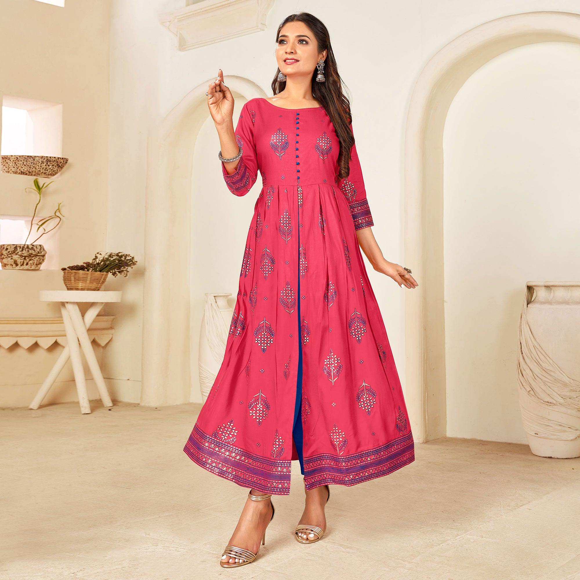 Rose Pink Printed Rayon Anarkali Kurti - Peachmode