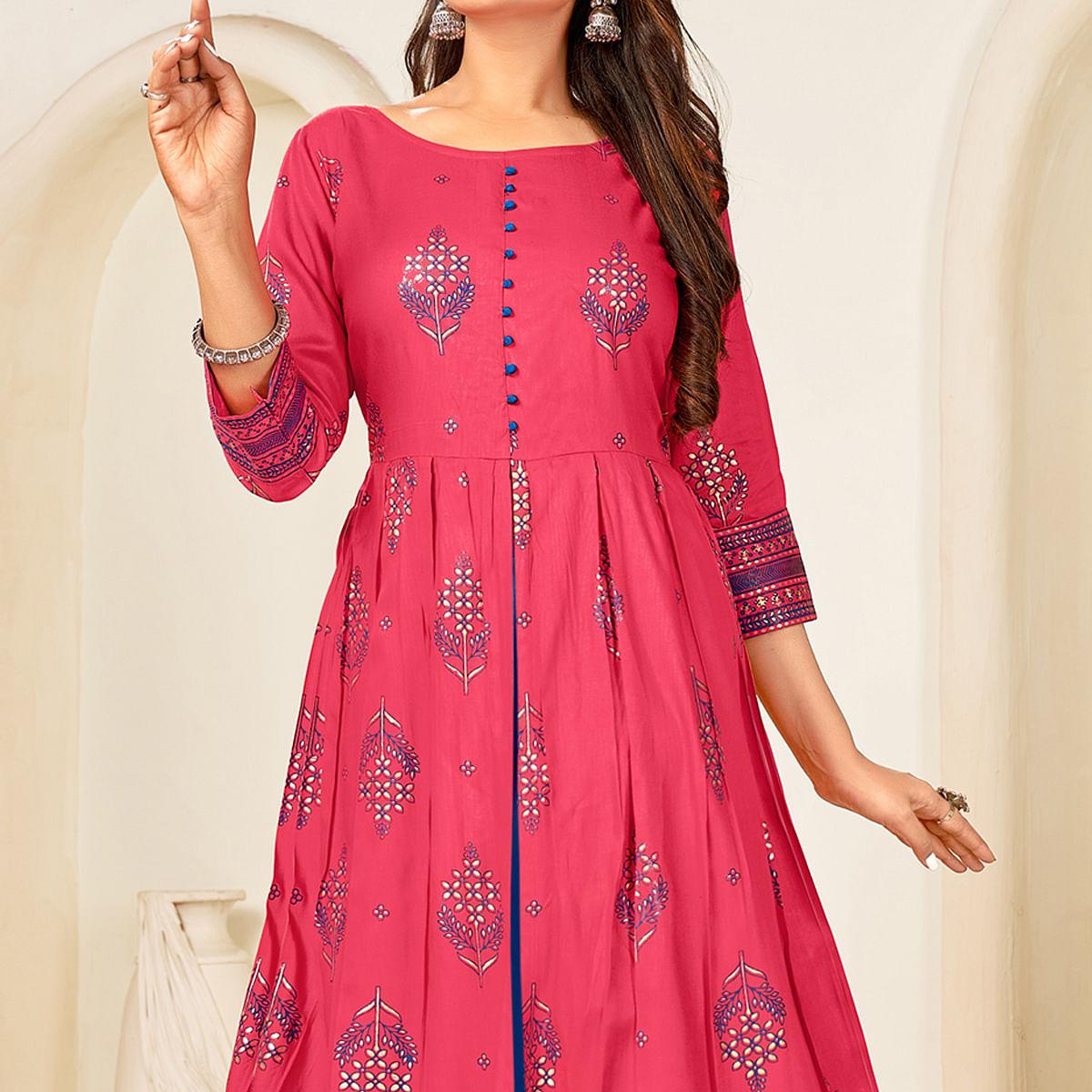Rose Pink Printed Rayon Anarkali Kurti - Peachmode