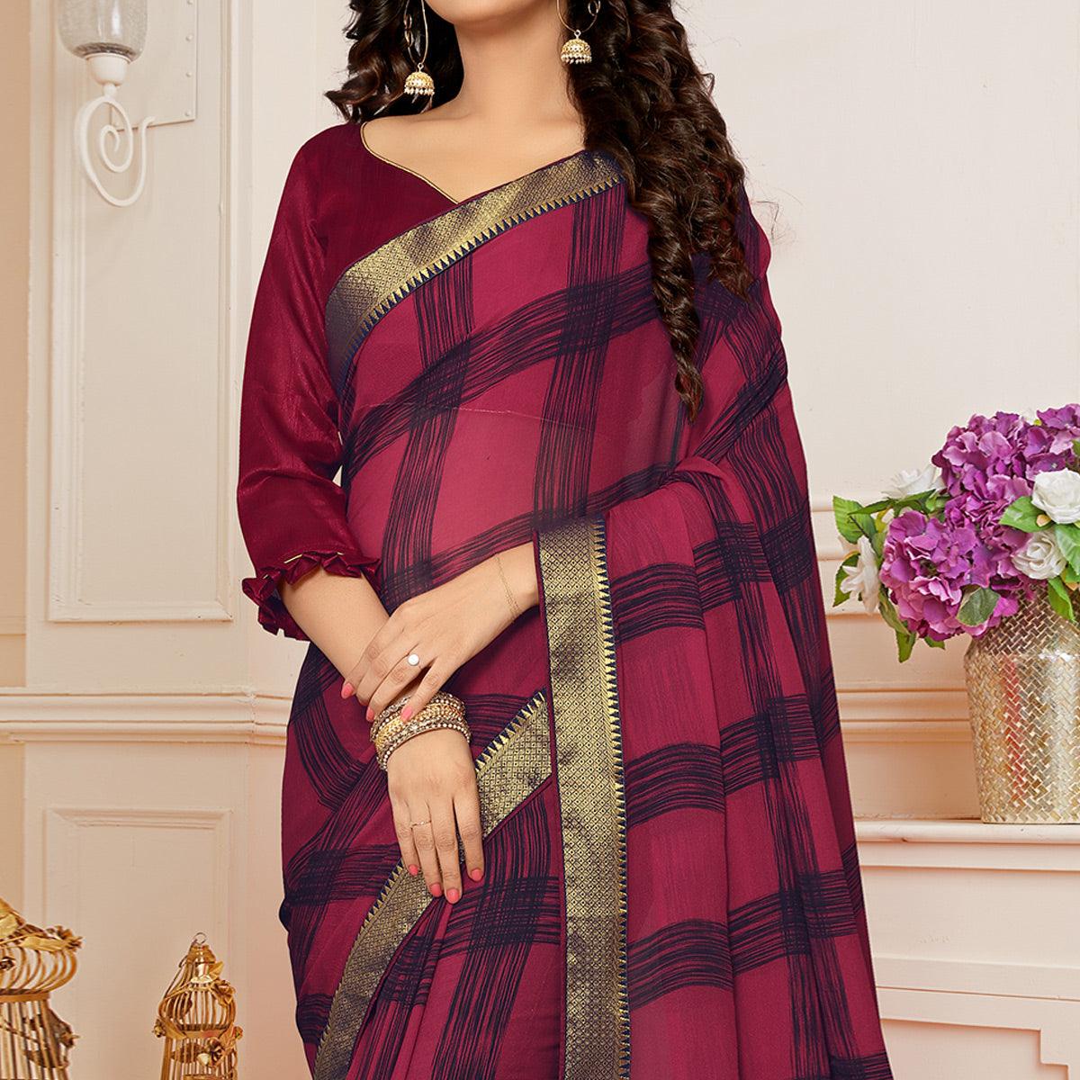 Rose Pink Printed With Woven Border Georgette Saree - Peachmode