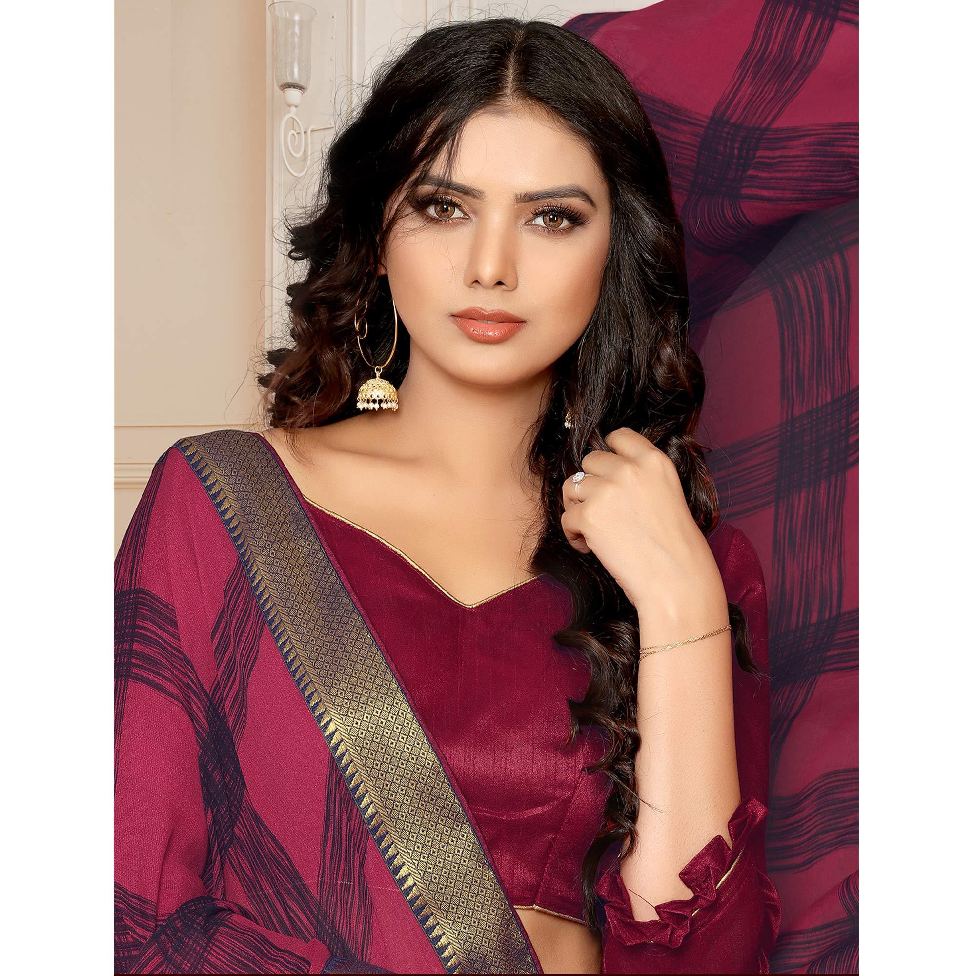Rose Pink Printed With Woven Border Georgette Saree - Peachmode
