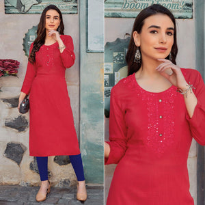 Rose Pink Sequence Embroidered Pure Cotton Kurti - Peachmode
