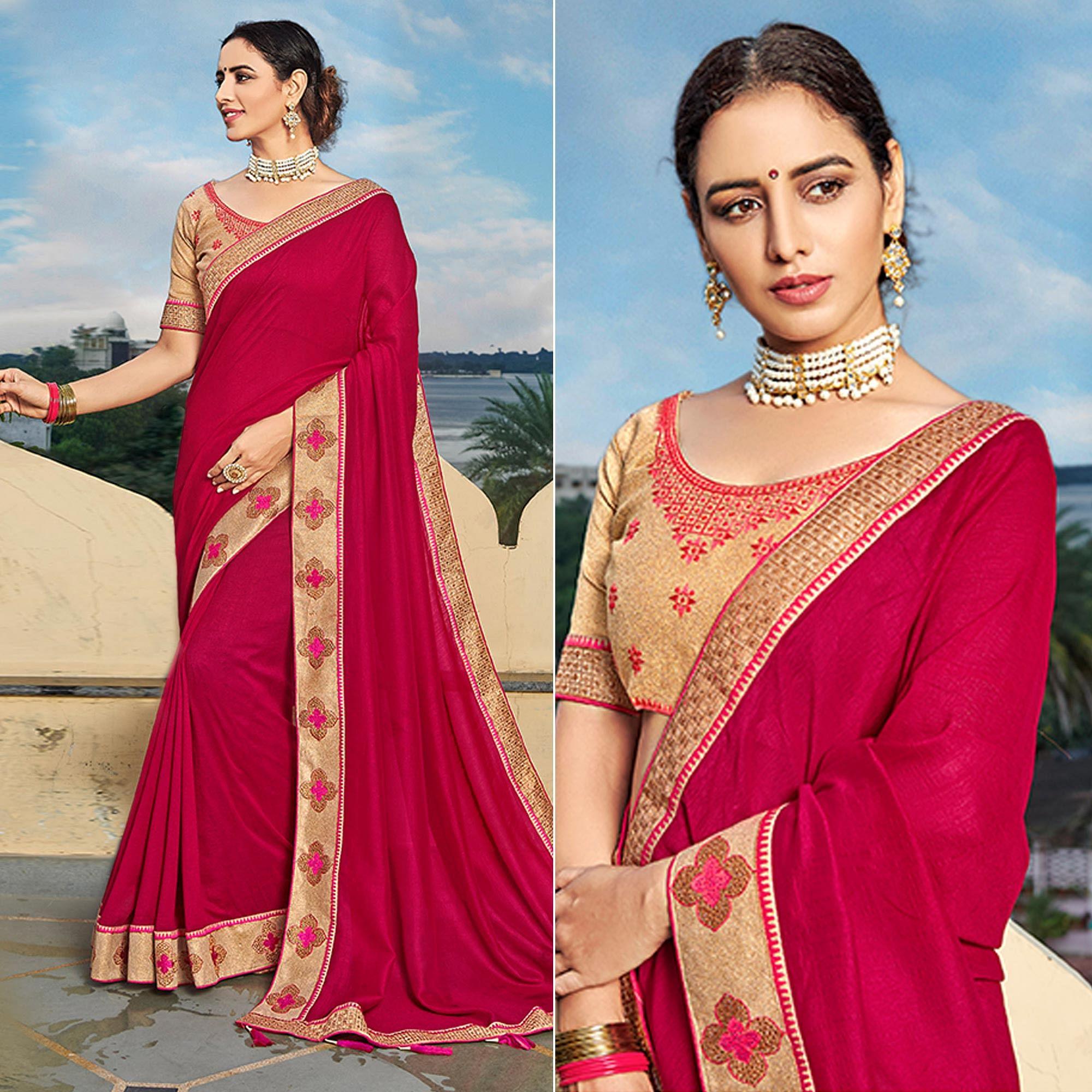 Rose Pink Solid-Embroidered Border Vichitra Silk Saree With Tassels - Peachmode