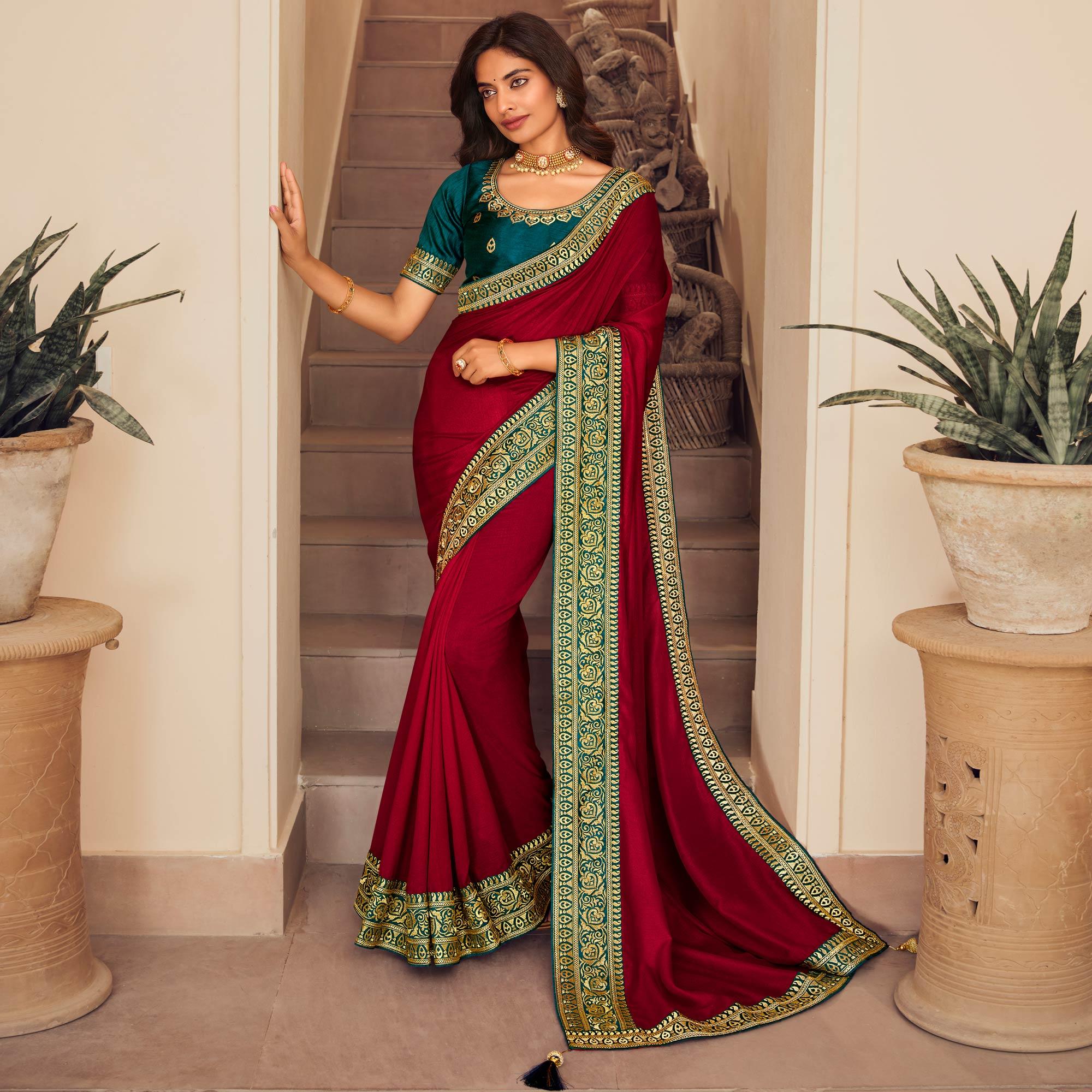 Rose Pink Solid Vichitra Silk Saree With Tassels - Peachmode