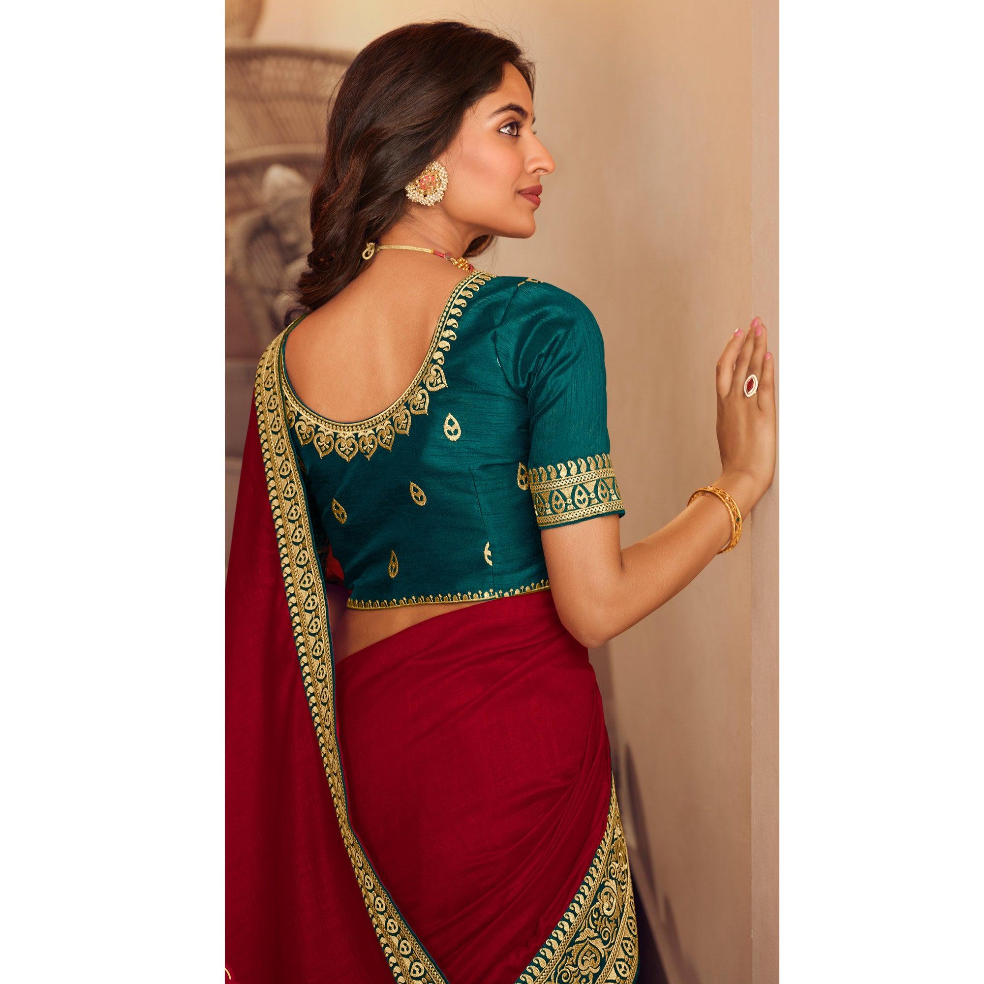 Rose Pink Solid Vichitra Silk Saree With Tassels - Peachmode