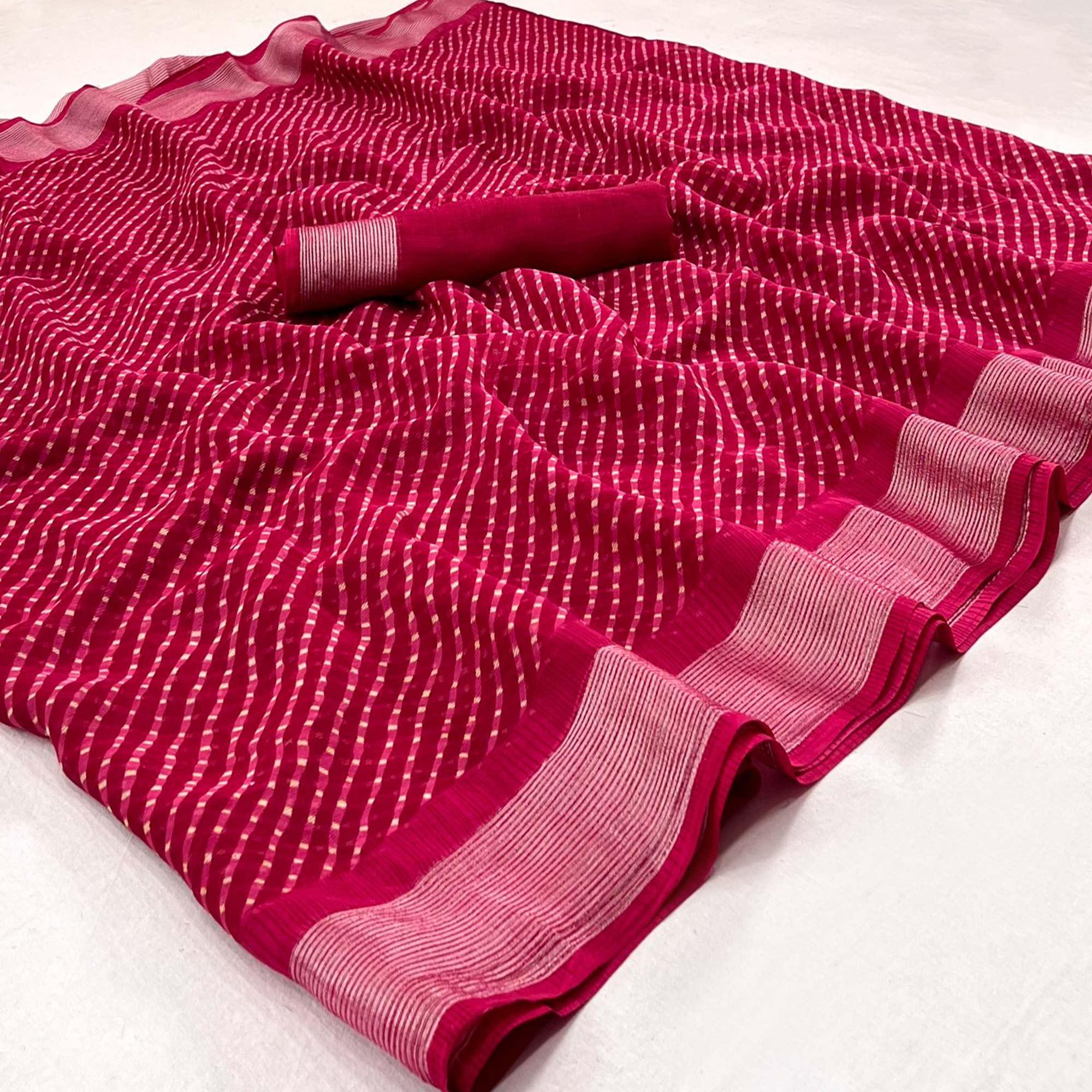 Rose Pink Stripes Printed Chiffon Saree - Peachmode