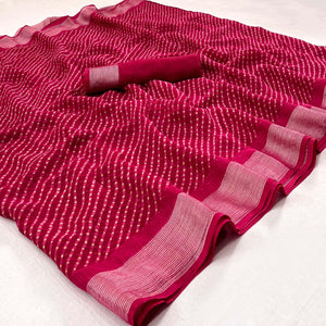 Rose Pink Stripes Printed Chiffon Saree - Peachmode