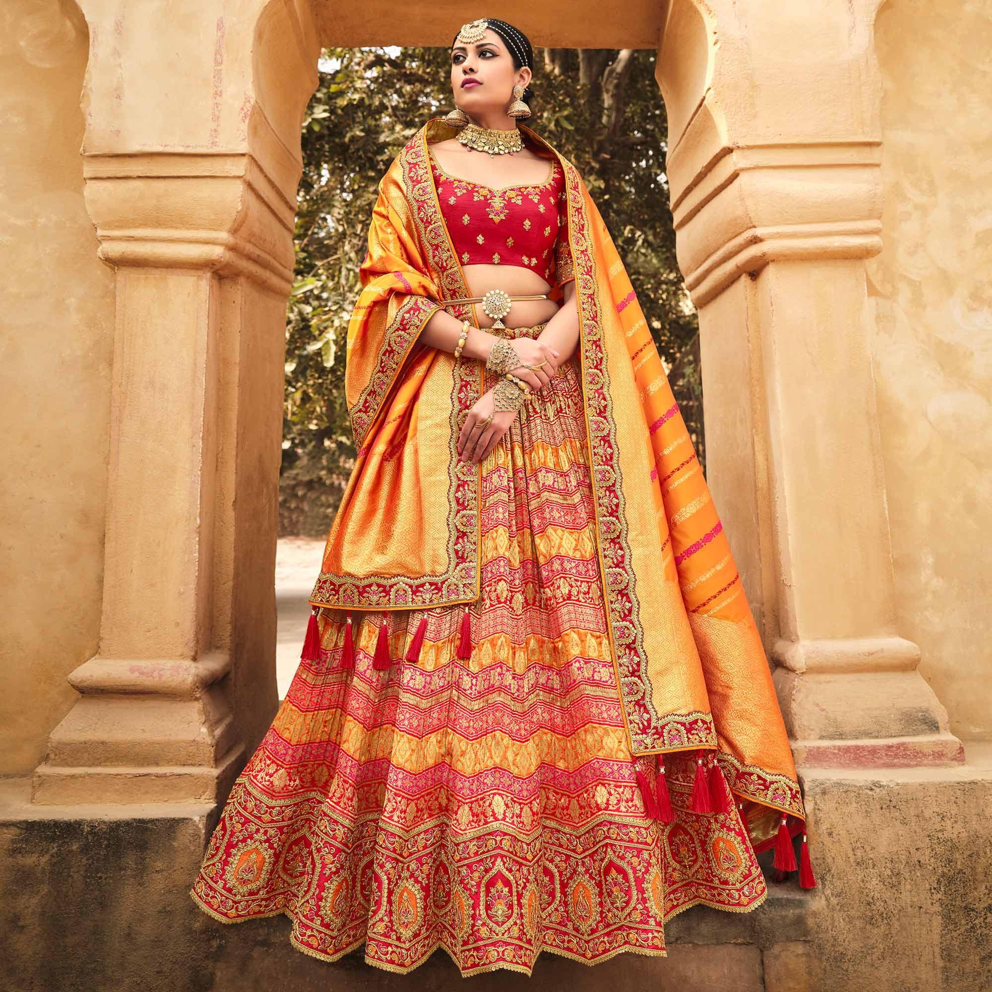 Rose Pink Wedding Wear Woven-Embellished Banarasi Silk Lehenga Choli - Peachmode