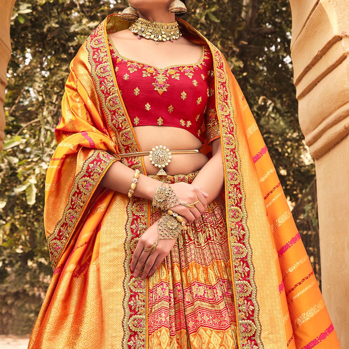 Rose Pink Wedding Wear Woven-Embellished Banarasi Silk Lehenga Choli - Peachmode