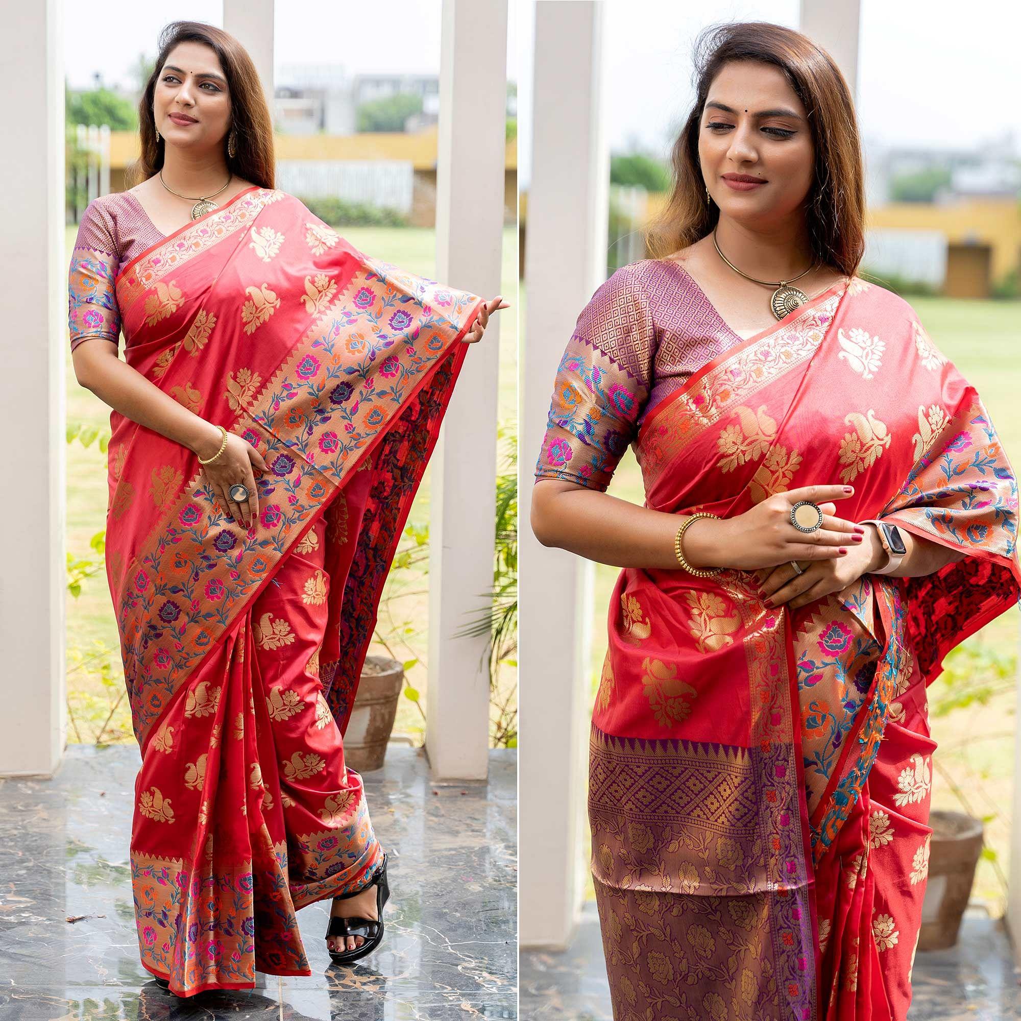 Rose Pink Woven Art Silk Saree - Peachmode