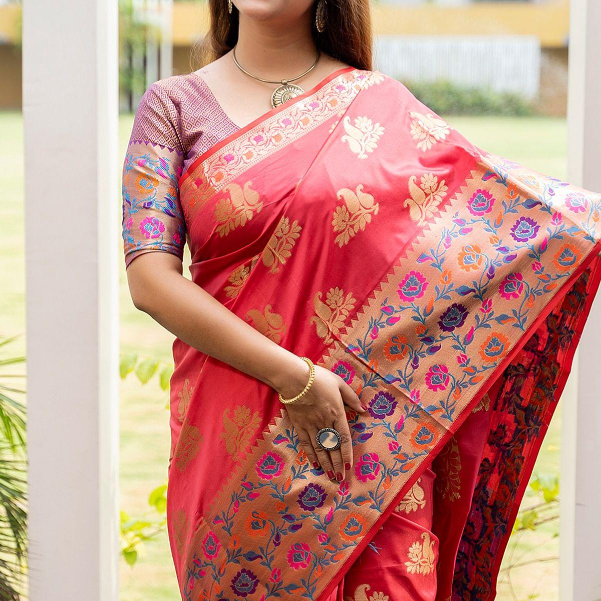 Rose Pink Woven Art Silk Saree - Peachmode