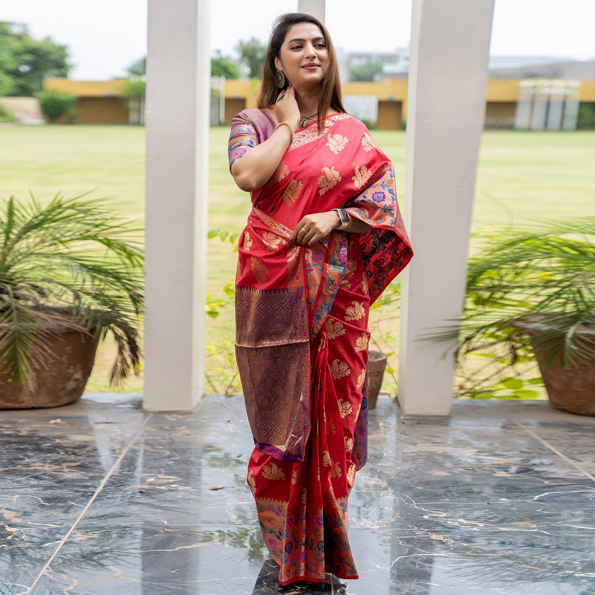 Rose Pink Woven Art Silk Saree - Peachmode