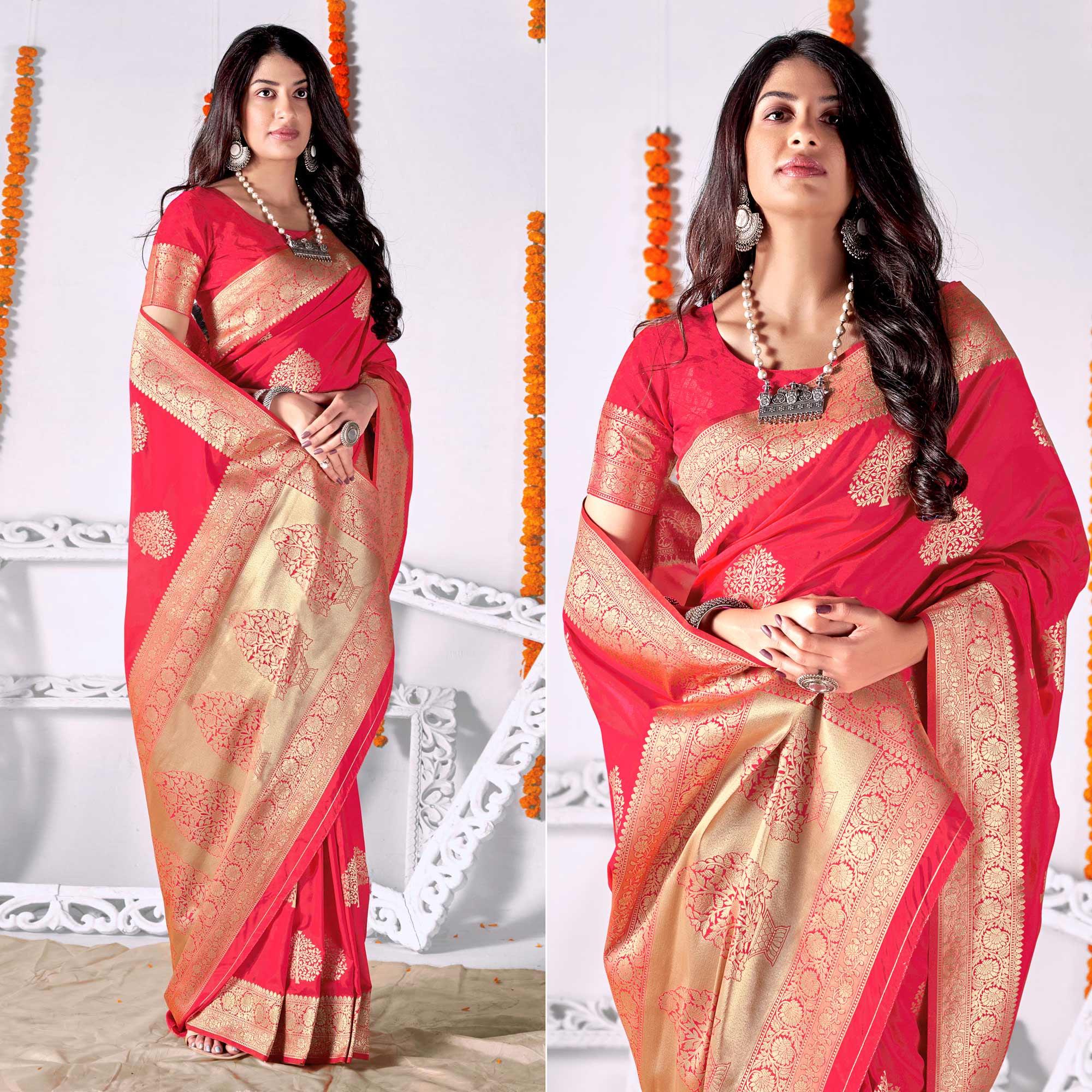 Rose Pink Woven Banarasi Silk Saree - Peachmode