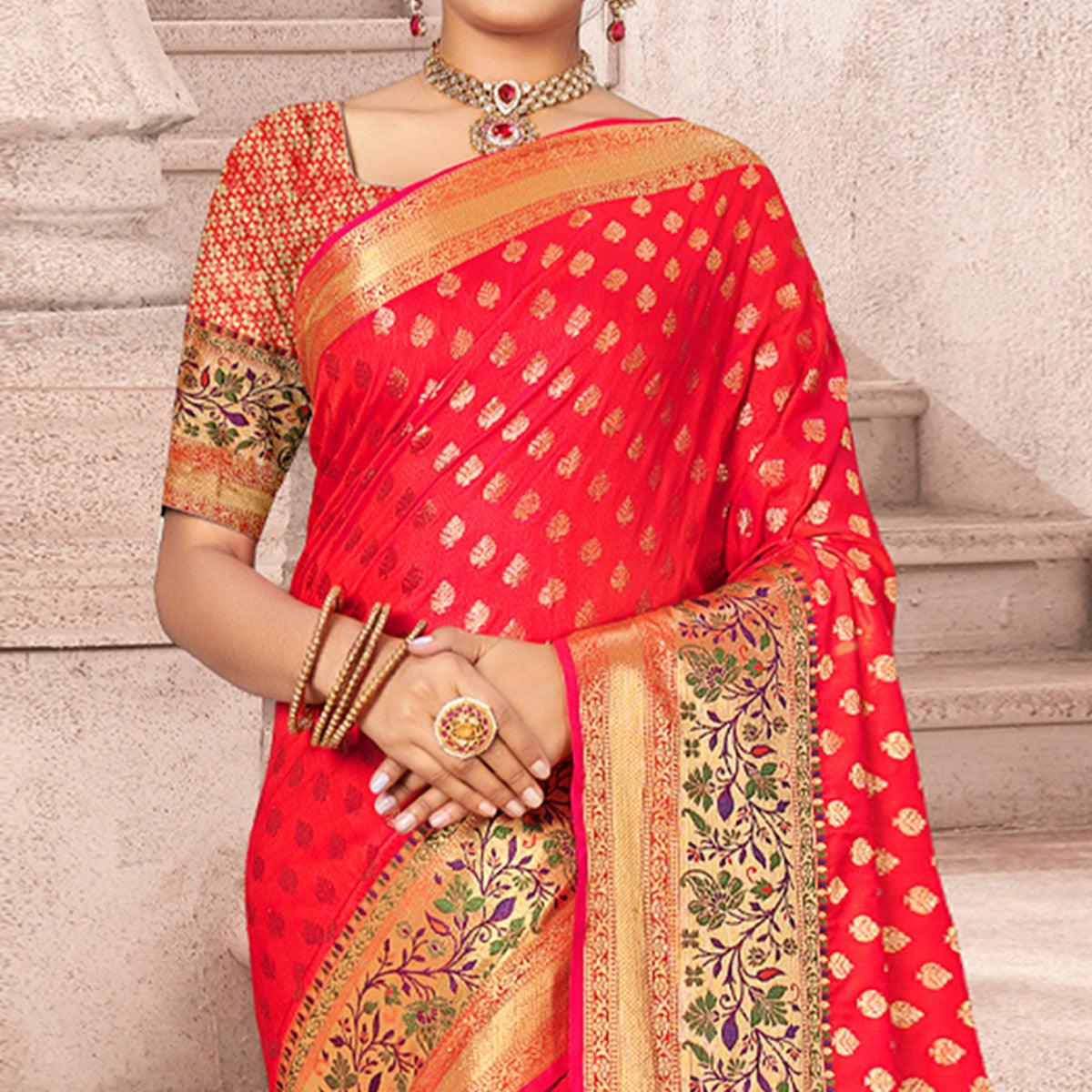 Rose Pink Woven Banarasi Silk Saree - Peachmode