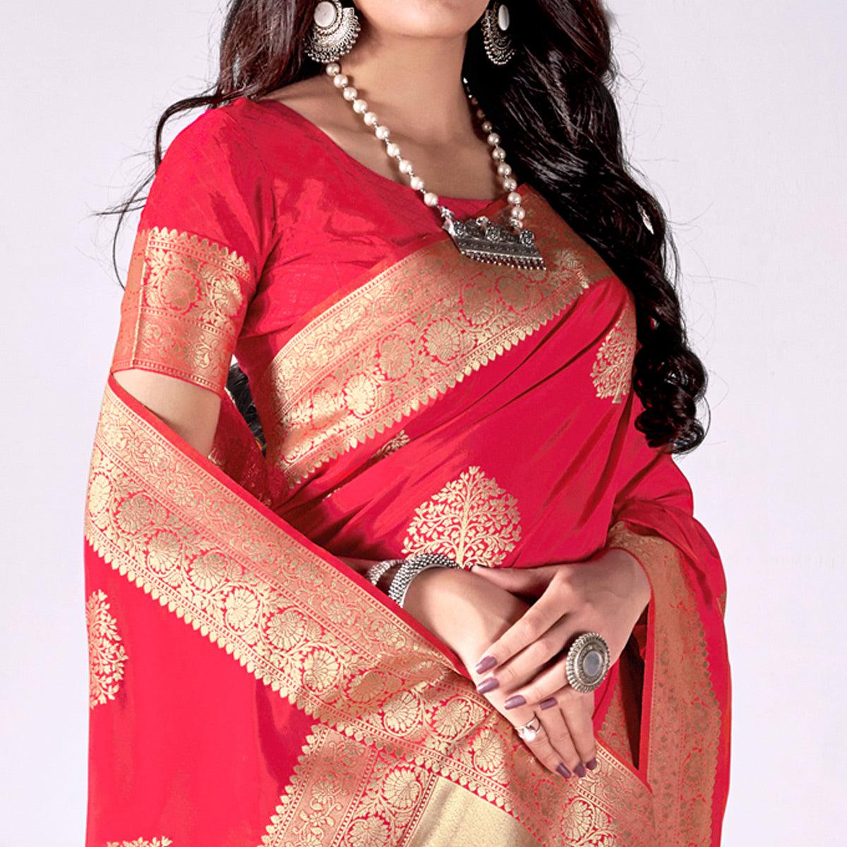 Rose Pink Woven Banarasi Silk Saree - Peachmode