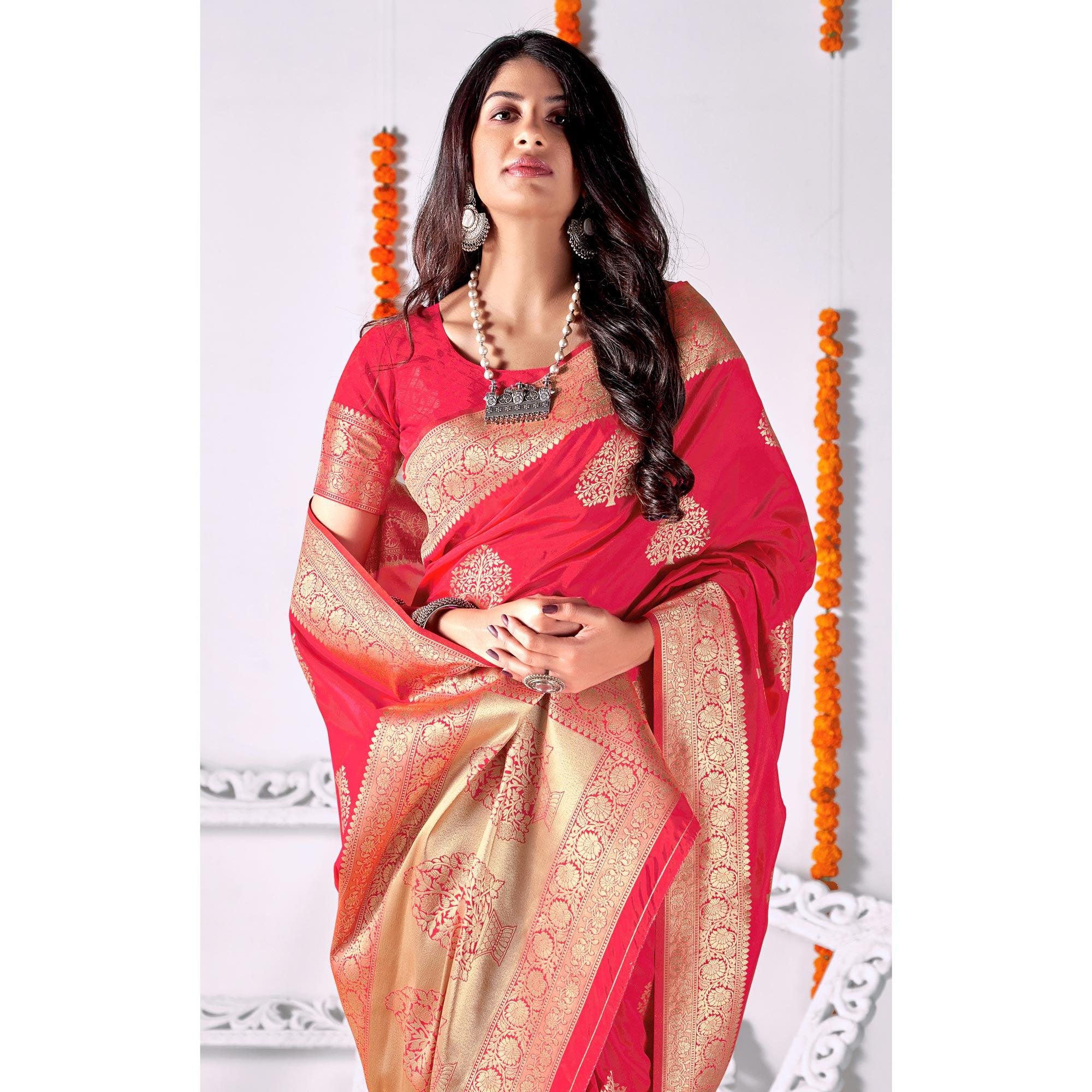 Rose Pink Woven Banarasi Silk Saree - Peachmode