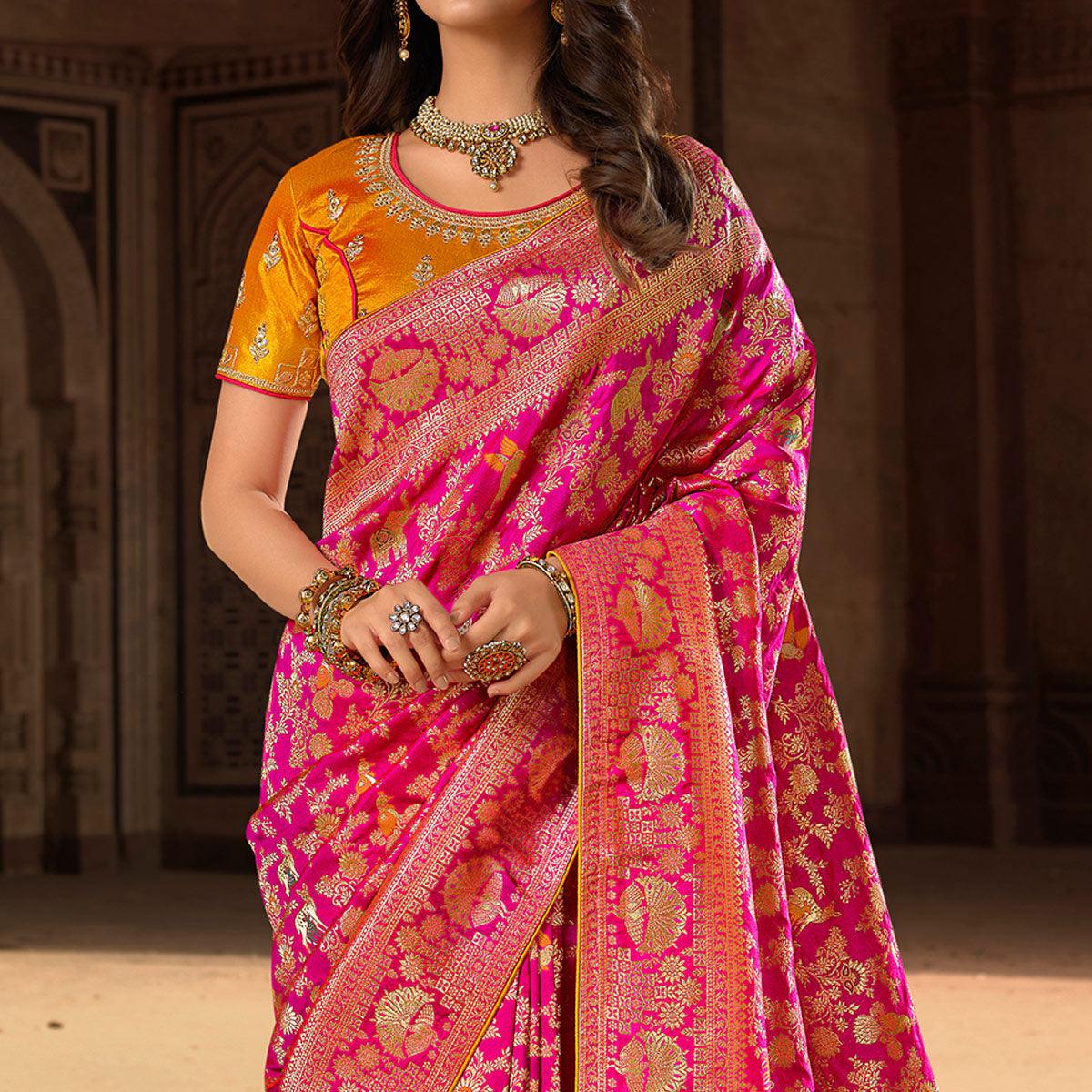 Rose Pink Woven Banarasi Silk Saree With Tassels - Peachmode