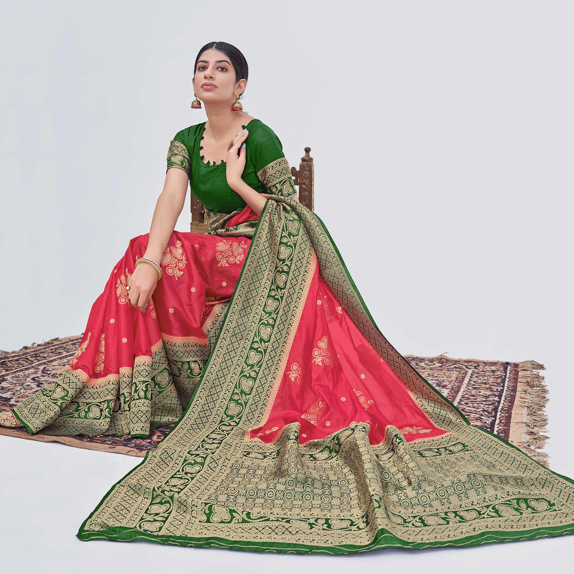 Rose Pink Woven Organza Saree - Peachmode