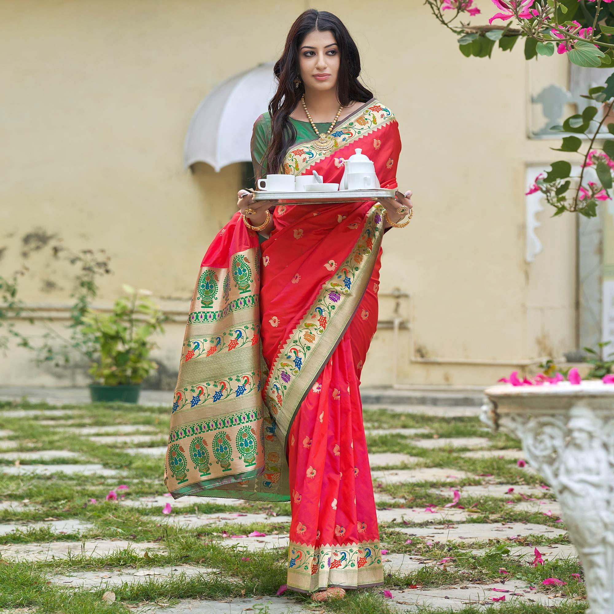 Rose Pink Woven Paithani Saree - Peachmode