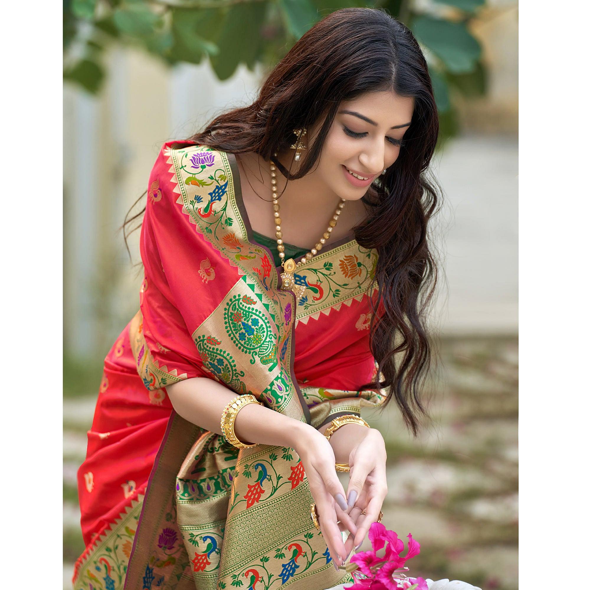 Rose Pink Woven Paithani Saree - Peachmode