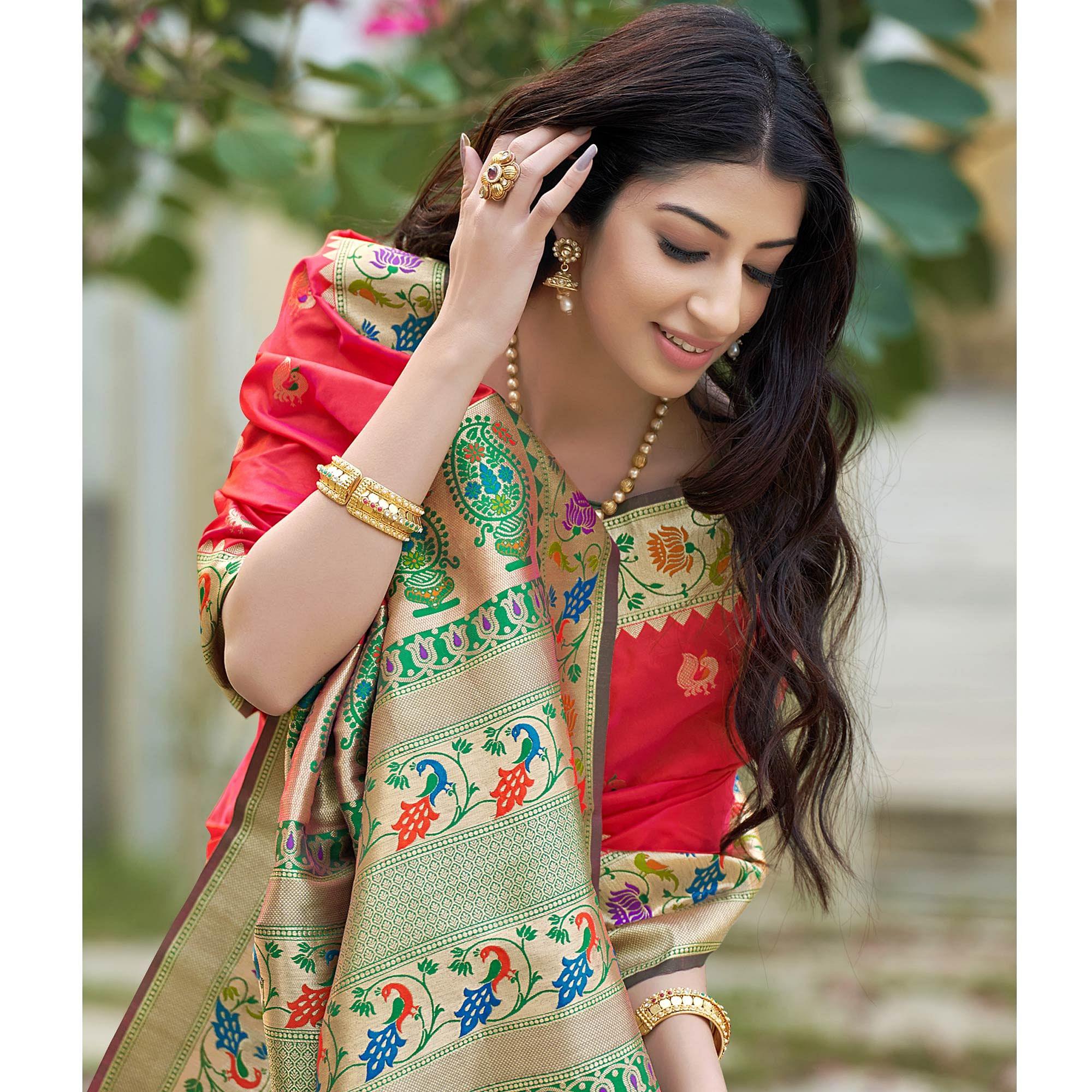 Rose Pink Woven Paithani Saree - Peachmode