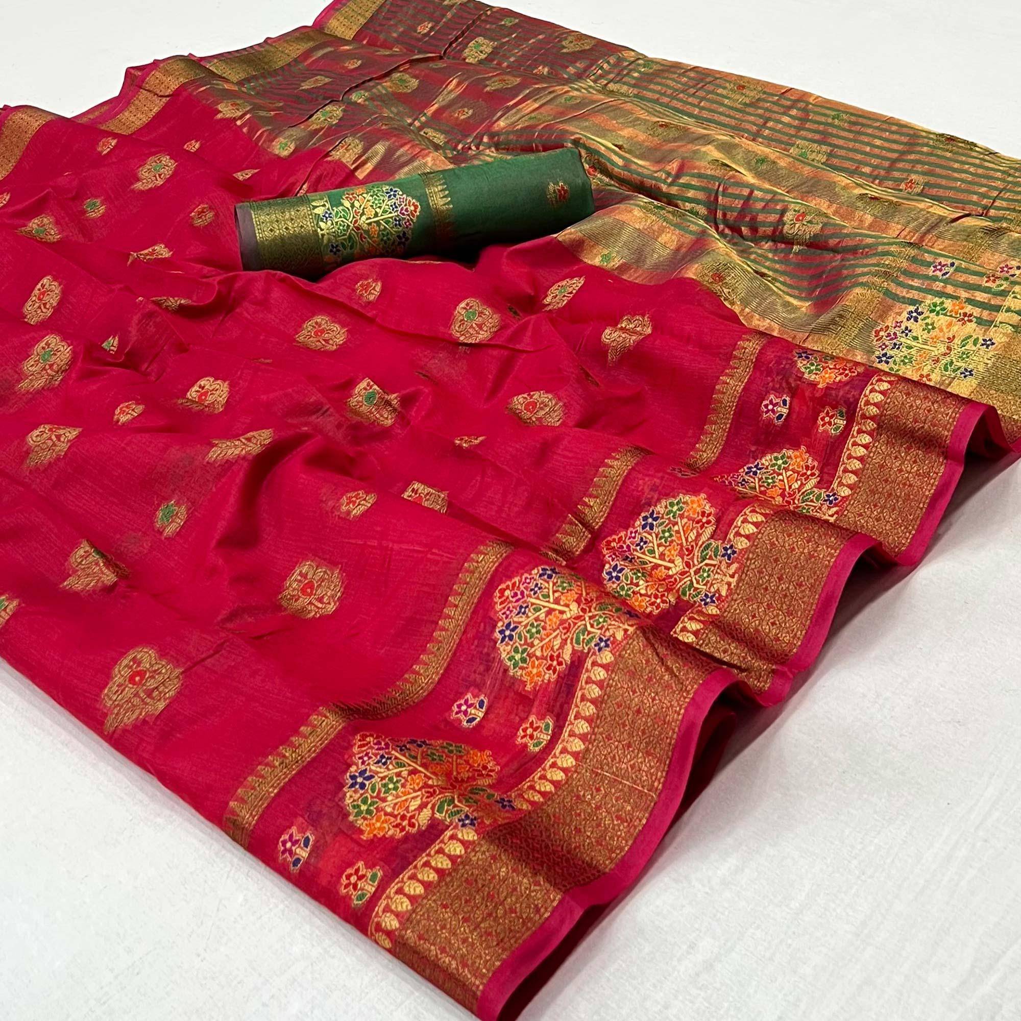 Rose Pink Woven Poly Cotton Saree - Peachmode