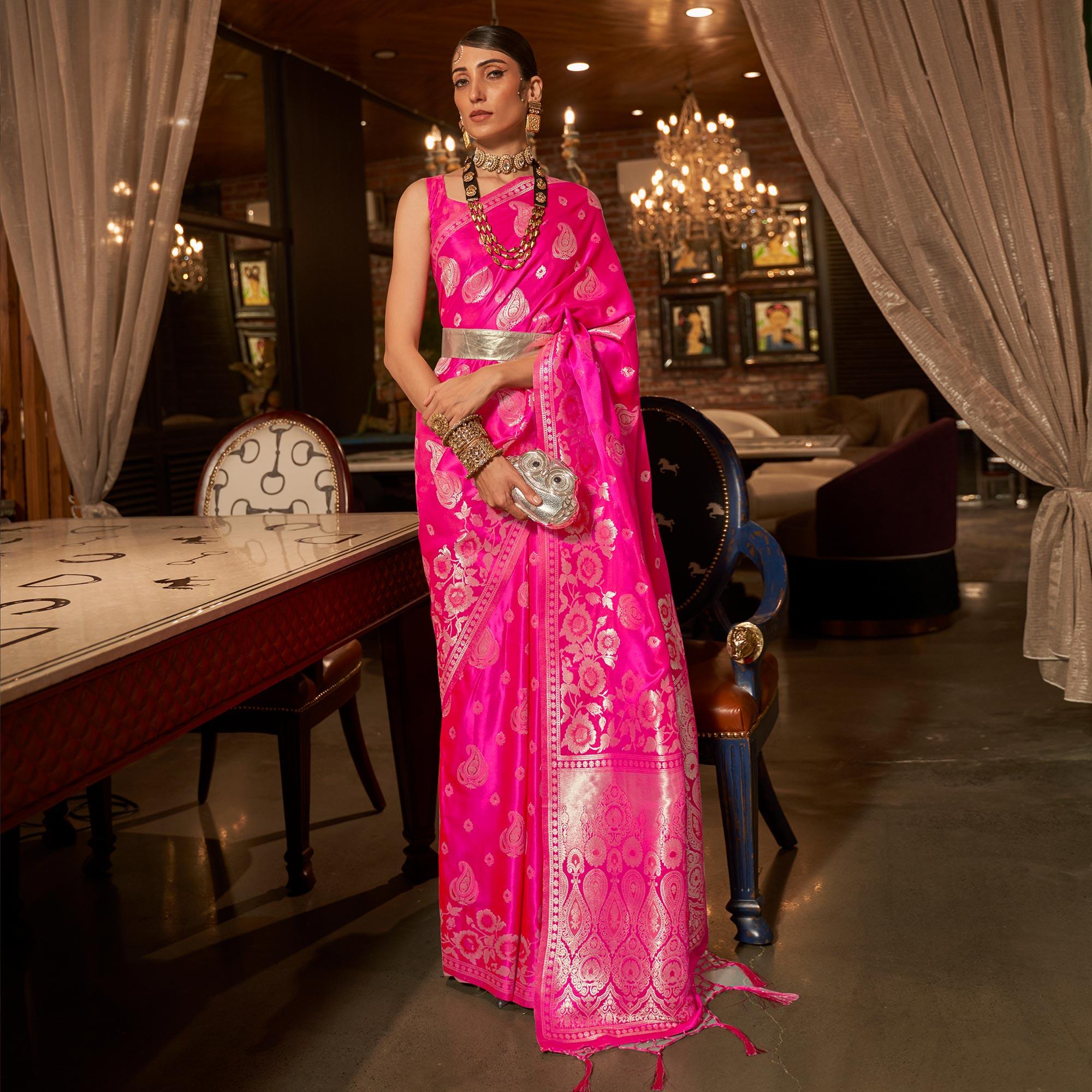 Rose Pink Woven Satin Saree With Tassels - Peachmode
