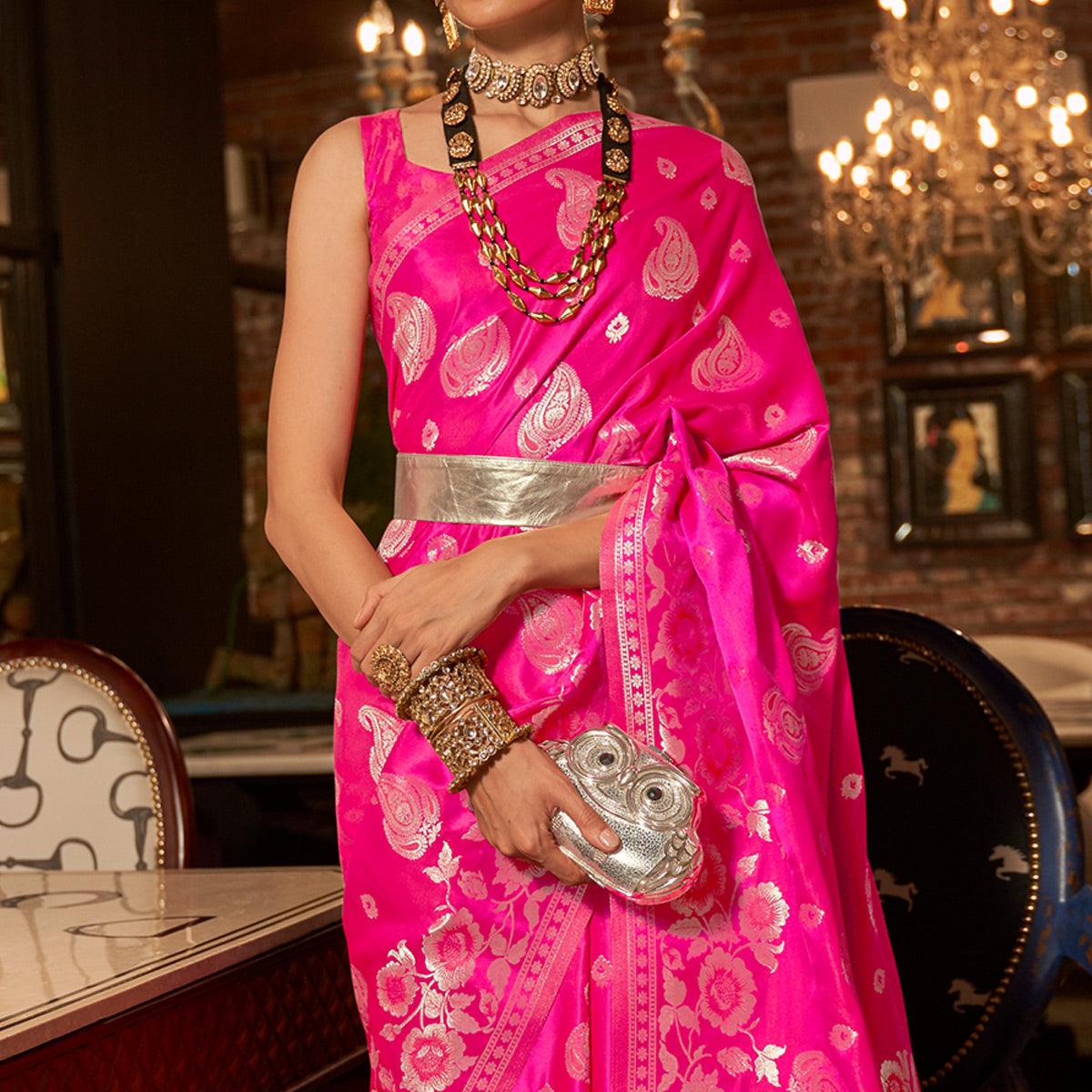 Rose Pink Woven Satin Saree With Tassels - Peachmode