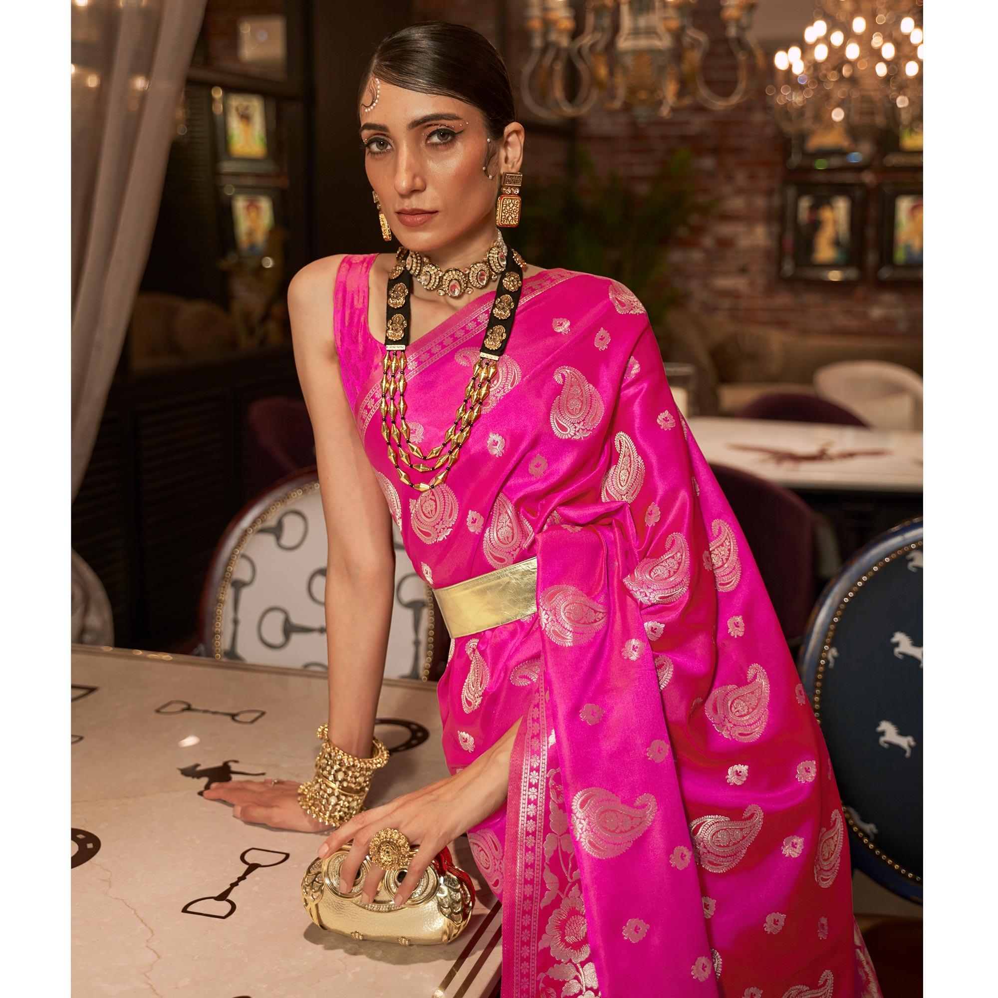 Rose Pink Woven Satin Saree With Tassels - Peachmode