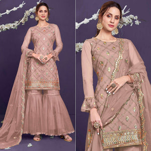 Rosy Brown Sequence Embroidered Netted Sharara Suit - Peachmode