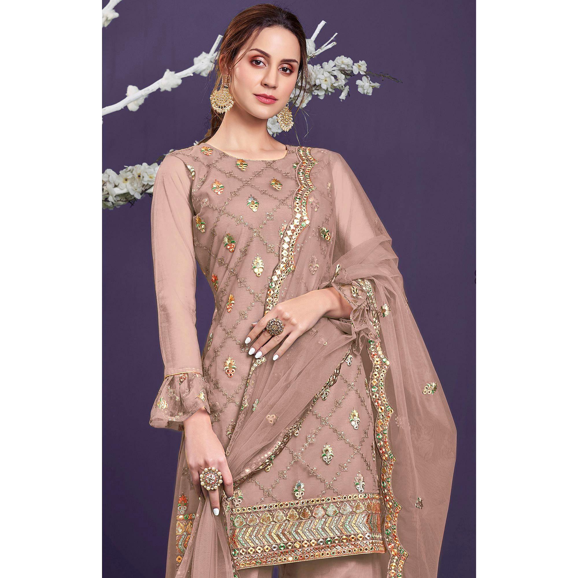 Rosy Brown Sequence Embroidered Netted Sharara Suit - Peachmode