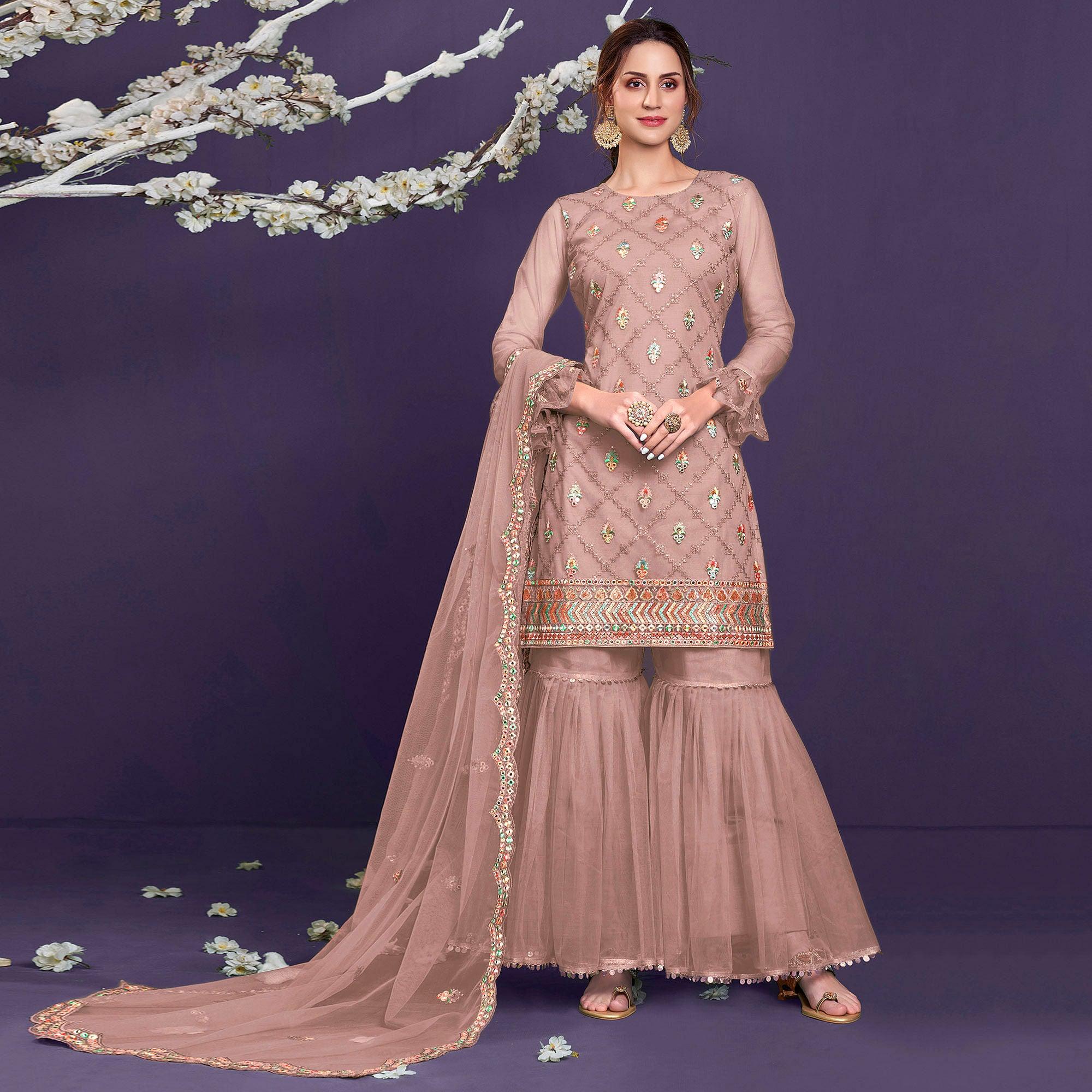 Rosy Brown Sequence Embroidered Netted Sharara Suit - Peachmode